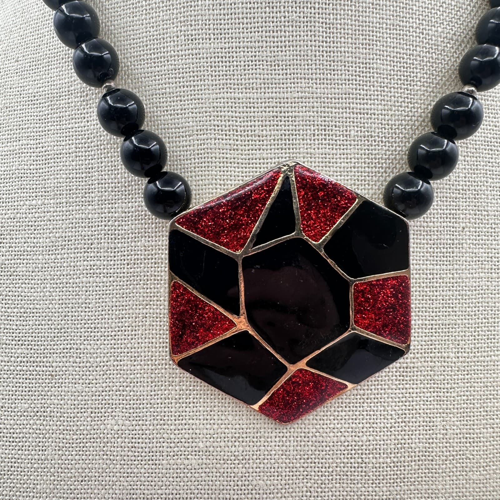 Vintage 80s Hexagon Statement Necklace Black Red Glitter Enamel Fashion Jewelry - Thumbnail 2