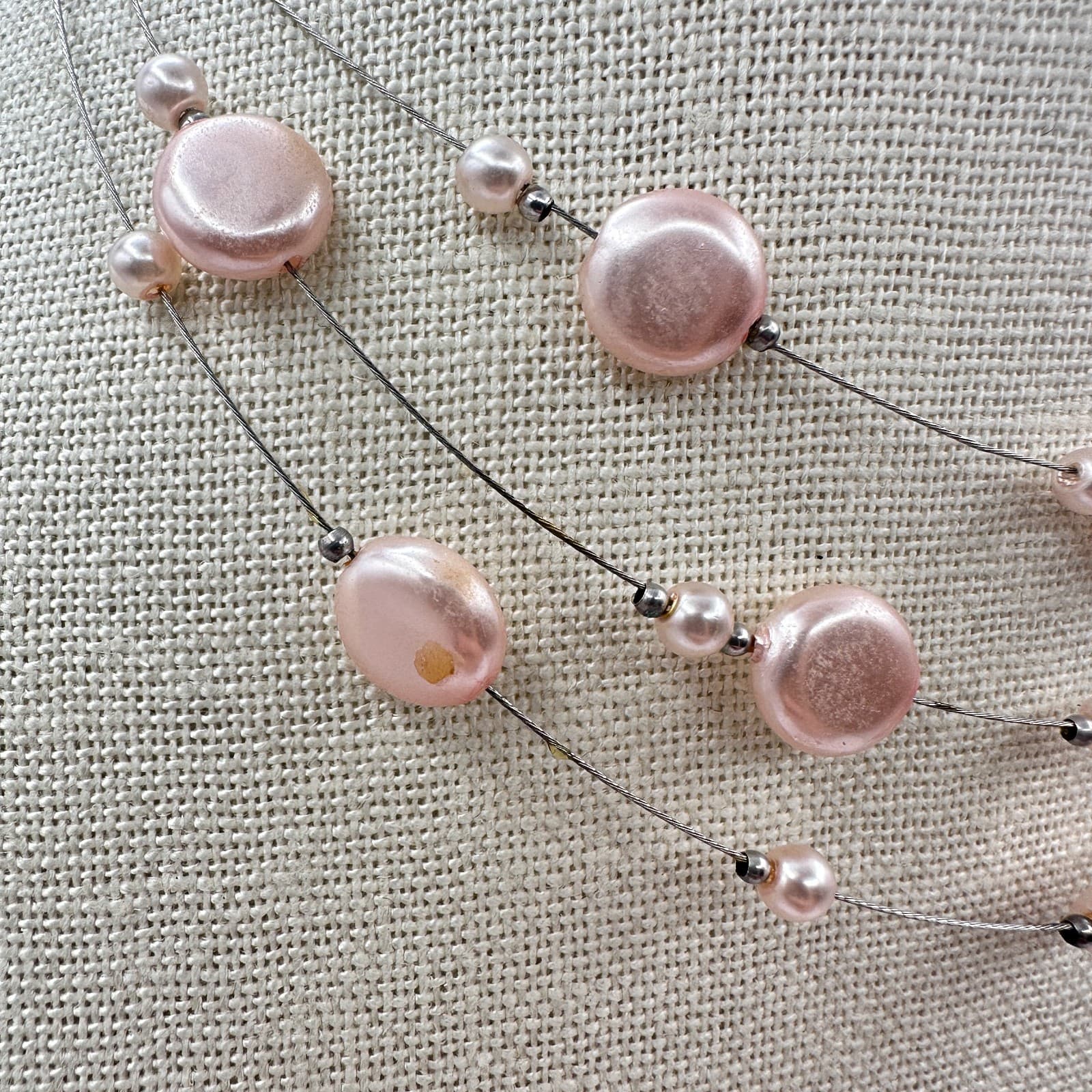 Vintage Y2K Floating Pink Faux Pearl Multi Strand Choker Necklace Jewelry - Thumbnail 4