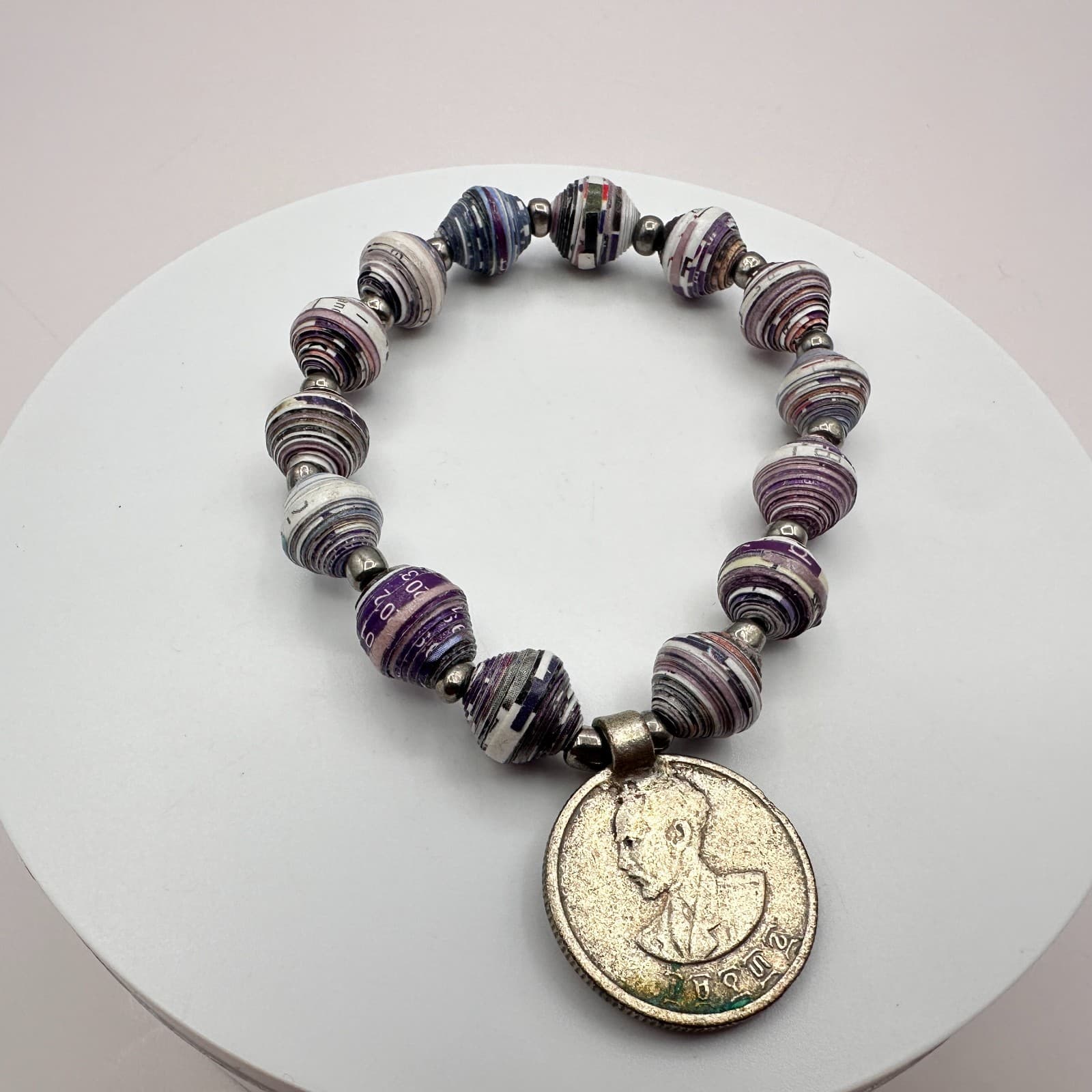 Vintage 90s Rolled Recycled Paper Beaded Coin Ethiopia Haile Selassie Bracelet - Thumbnail 2