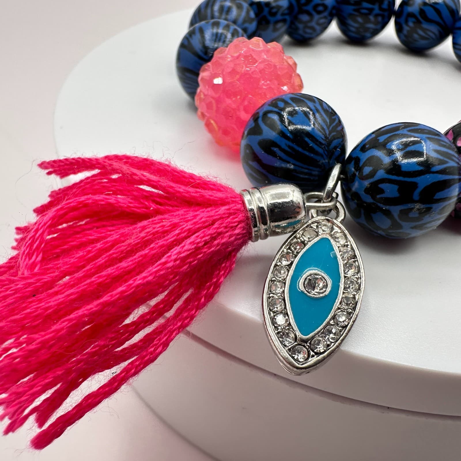 Vintage Y2K Leopard Print Evil Eye Tassel Charm Beaded Bracelet Women's Jewelry - Thumbnail 5