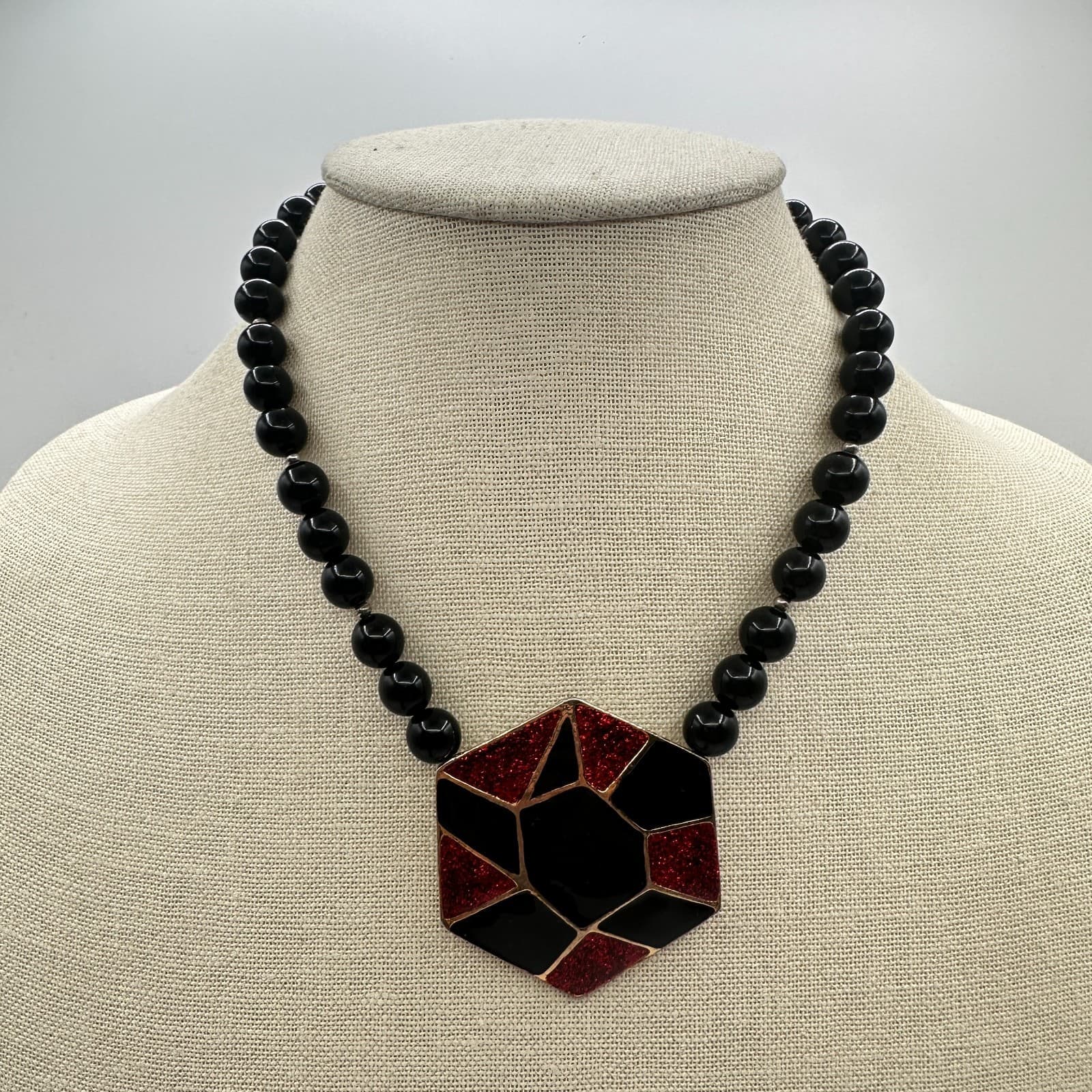 Vintage 80s Hexagon Statement Necklace Black Red Glitter Enamel Fashion Jewelry - Thumbnail 7