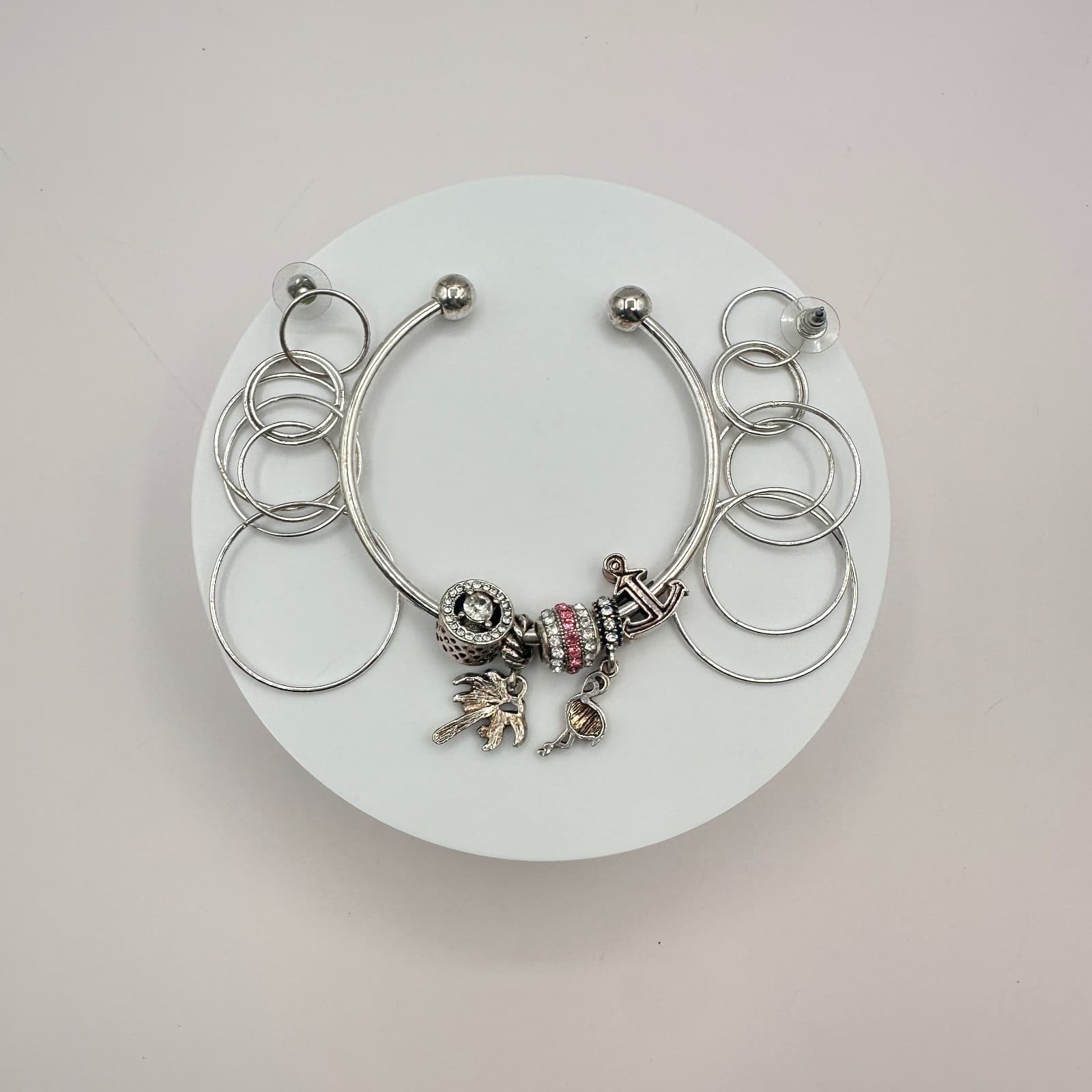 Vintage Y2K Silver Tone Charm Rhinestone Bracelet Boho & Dangle Earrings Jewelry - Thumbnail 2