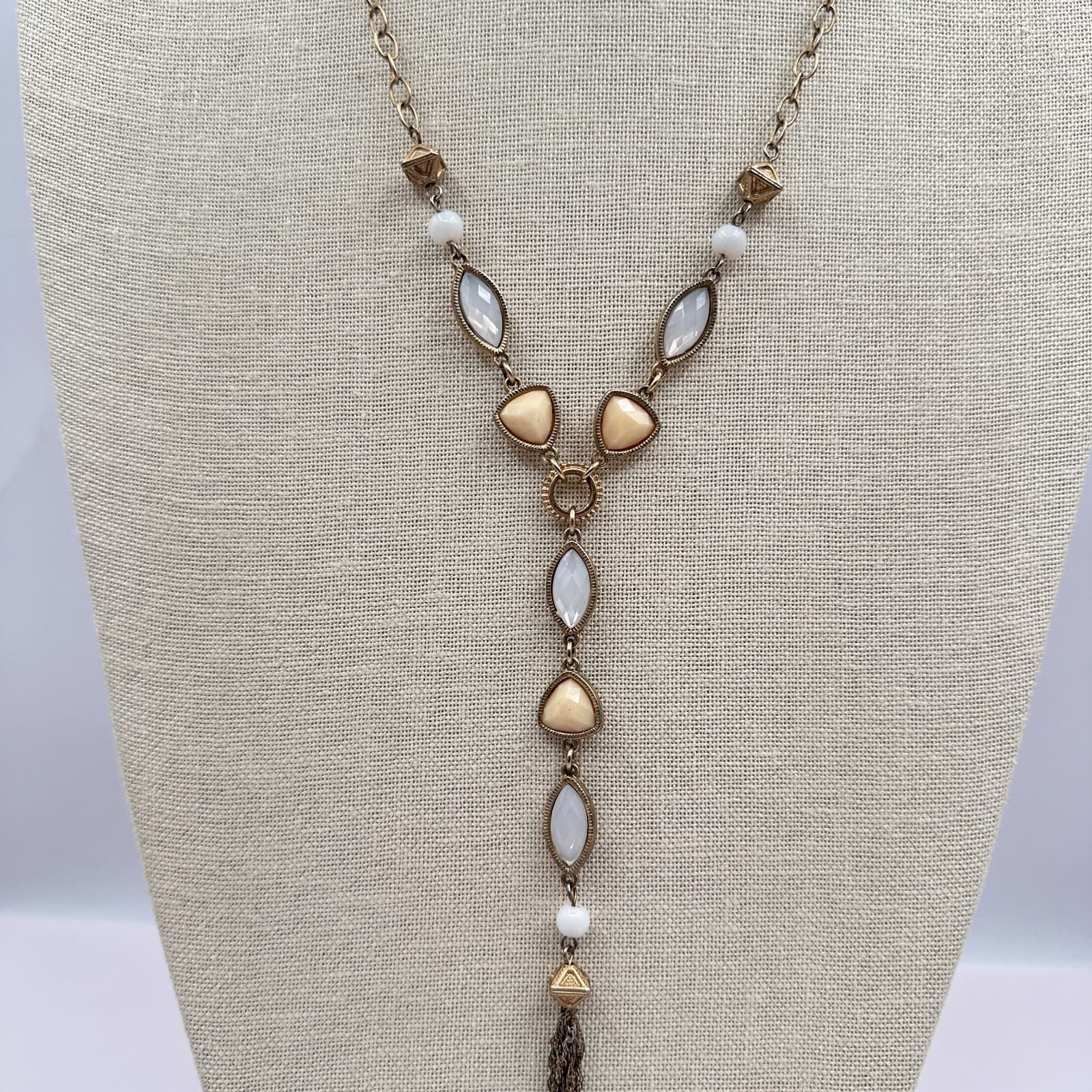 Vintage Y2K Gold Tone Tassel Y-Necklace Beaded Women's Classic Fashion Jewelry - Thumbnail 2