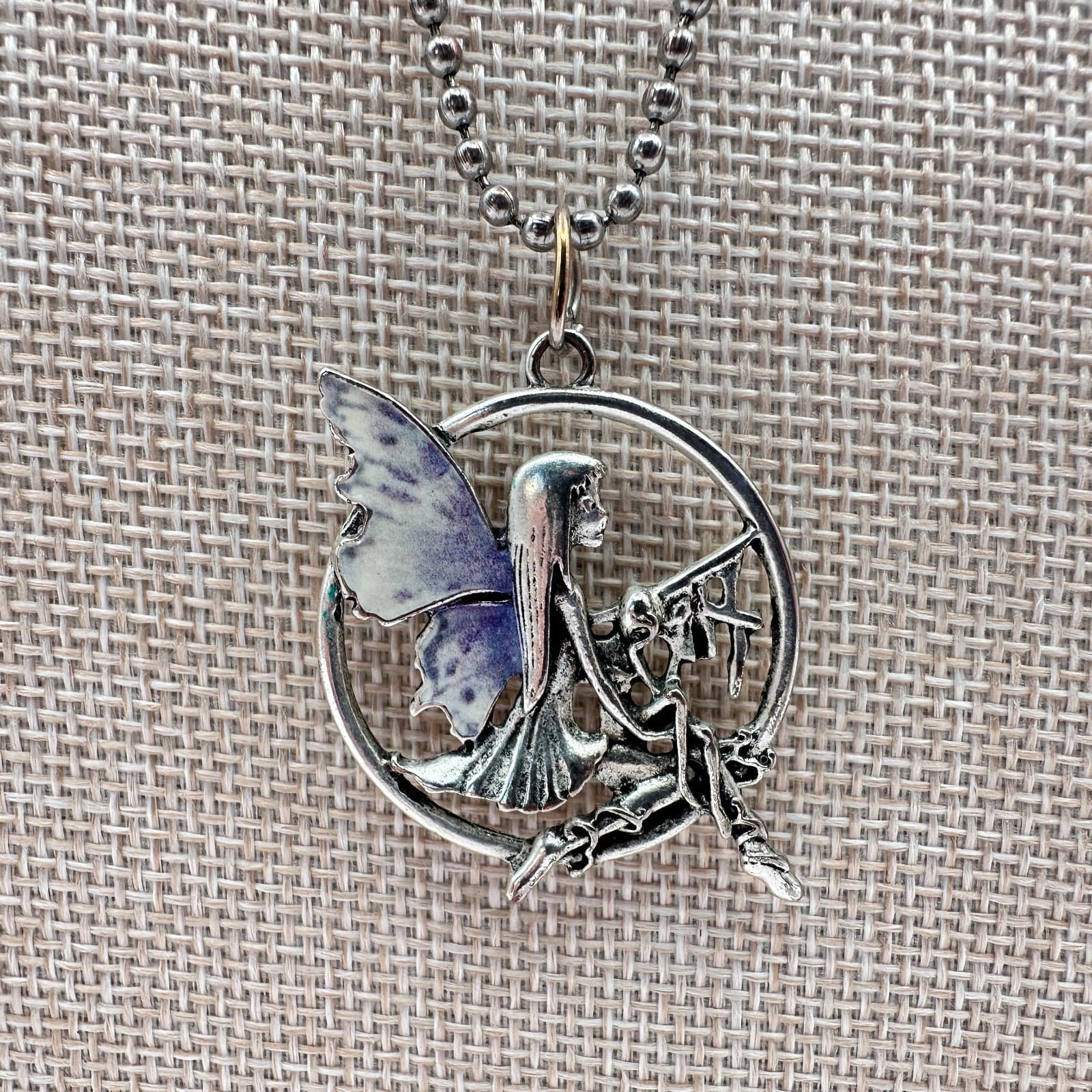 Vintage 90s Silver Tone Enamel Fairy Pendant Necklace Ball Chain Boho Jewelry - Thumbnail 2