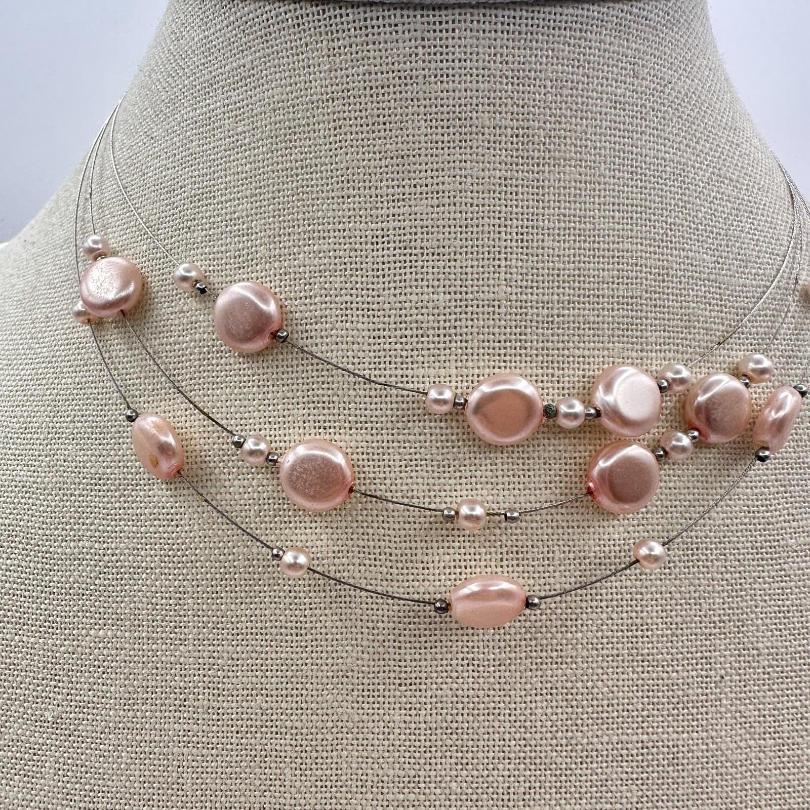Vintage Y2K Floating Pink Faux Pearl Multi Strand Choker Necklace Jewelry - Thumbnail 2