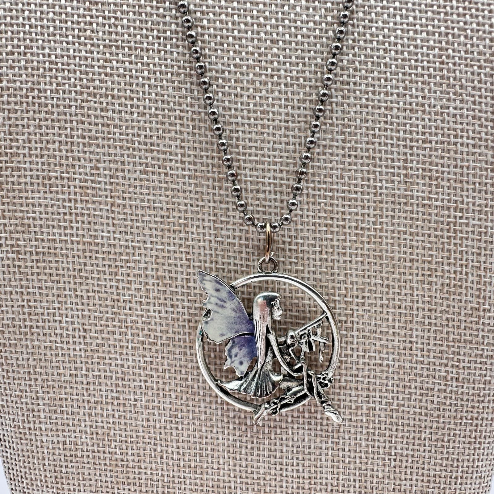Vintage 90s Silver Tone Enamel Fairy Pendant Necklace Ball Chain Boho Jewelry - Thumbnail 3
