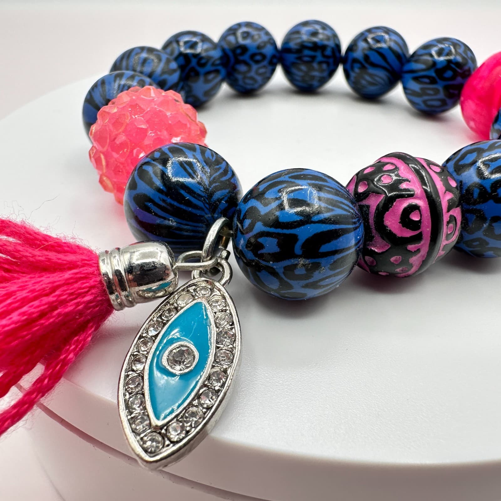 Vintage Y2K Leopard Print Evil Eye Tassel Charm Beaded Bracelet Women's Jewelry - Thumbnail 3