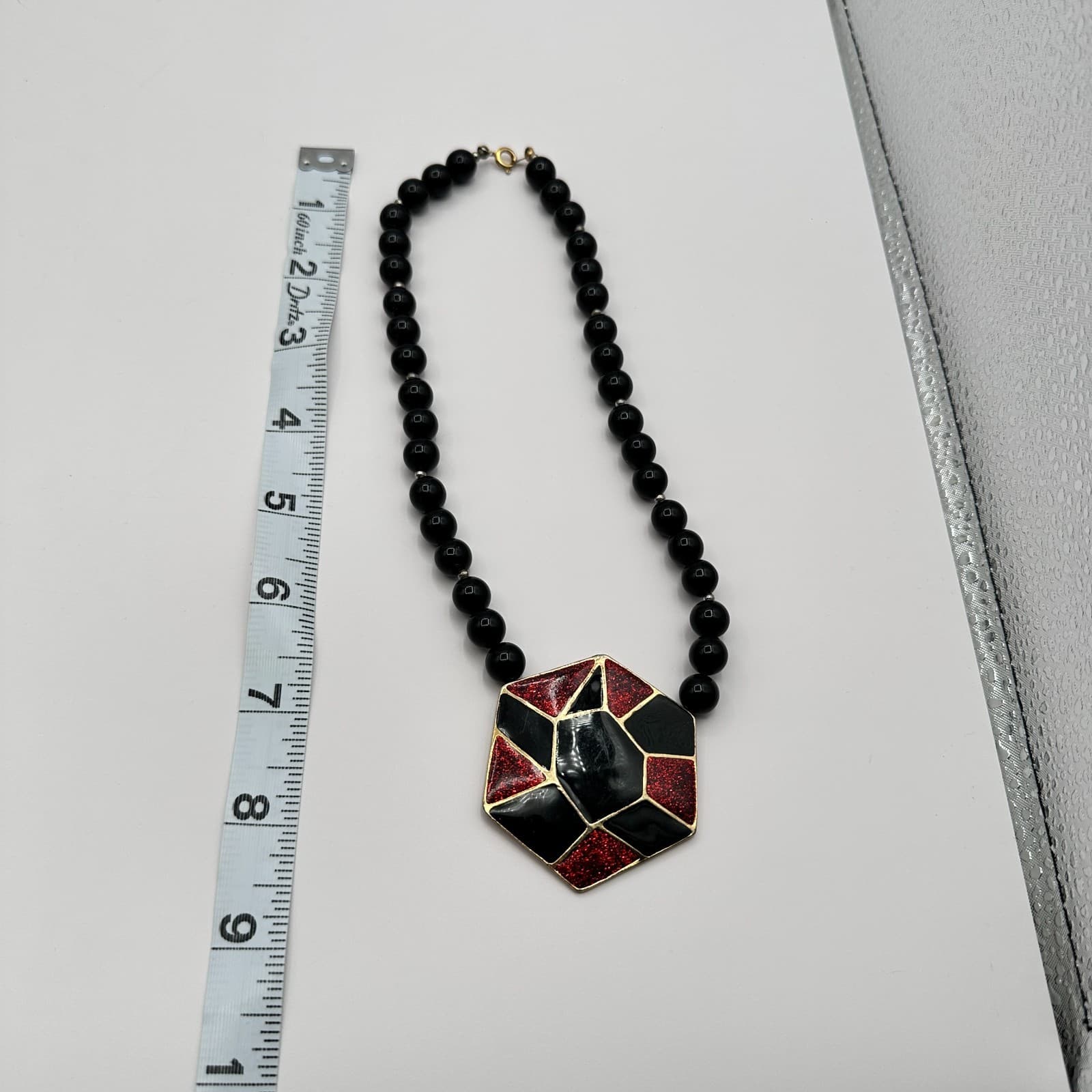 Vintage 80s Hexagon Statement Necklace Black Red Glitter Enamel Fashion Jewelry - Thumbnail 9