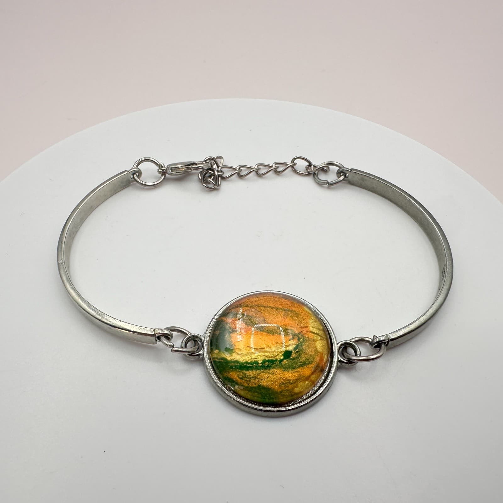 Vintage 90s SilverTone Glass Cabochon Bangle Bracelets Set Retro Fashion Jewelry - Thumbnail 2
