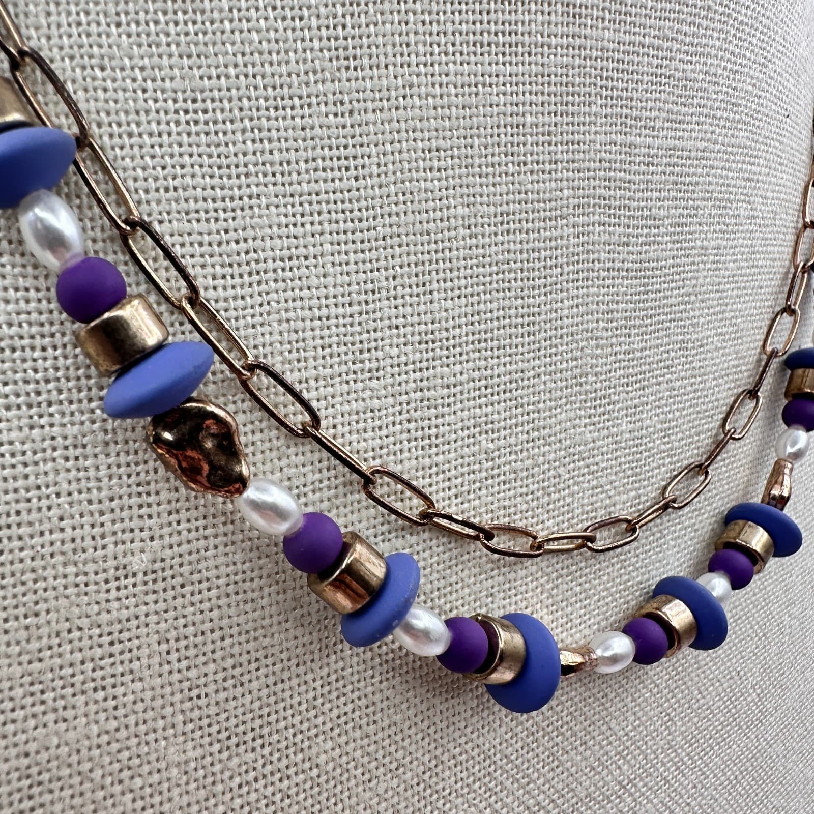 Vintage Y2K Gold Tone Double Layer Beaded Necklace Boho Women's Classic Jewelry - Thumbnail 4