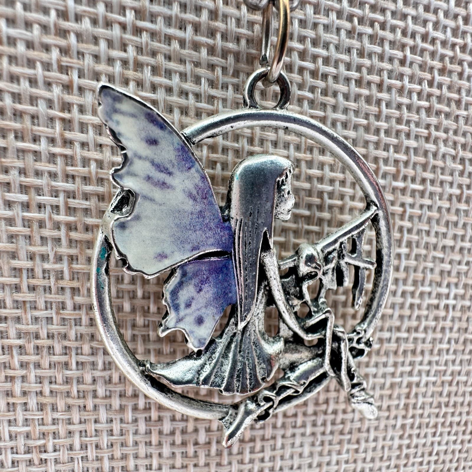 Vintage 90s Silver Tone Enamel Fairy Pendant Necklace Ball Chain Boho Jewelry - Thumbnail 5