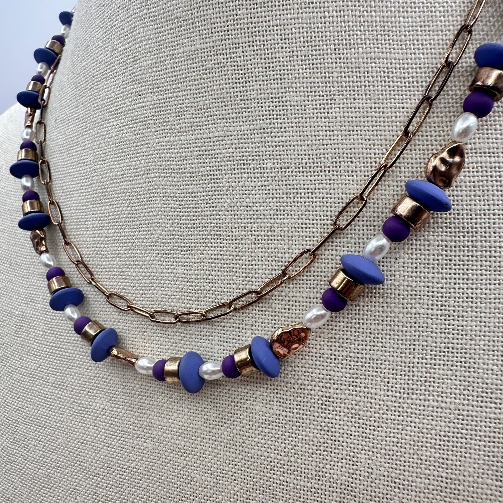 Vintage Y2K Gold Tone Double Layer Beaded Necklace Boho Women's Classic Jewelry - Thumbnail 6