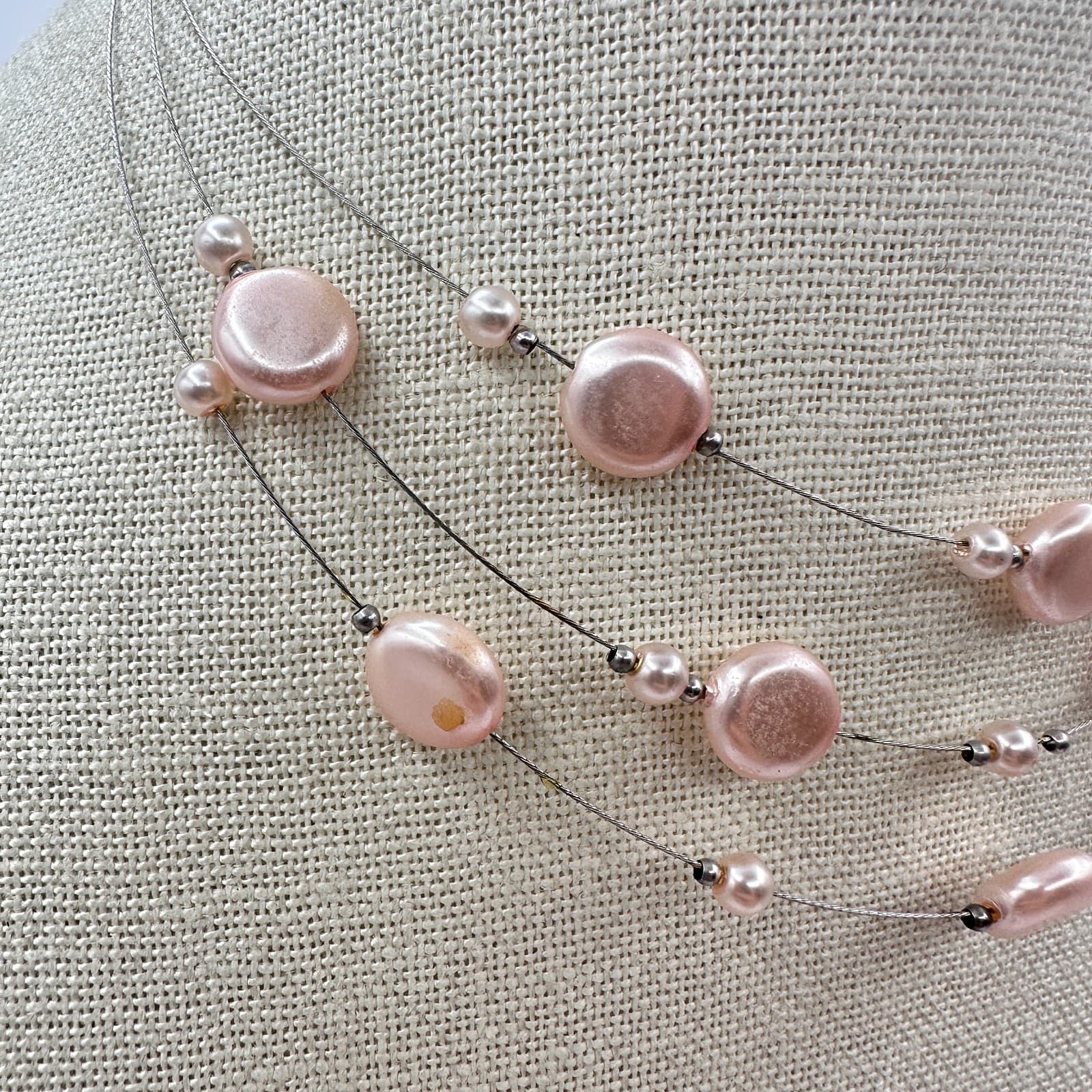 Vintage Y2K Floating Pink Faux Pearl Multi Strand Choker Necklace Jewelry - Thumbnail 3