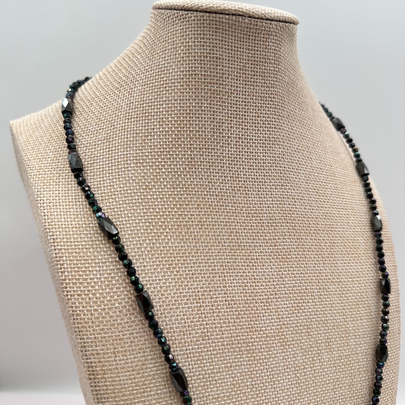 Vintage 90s Black Iridescent Magnetic Hematite Glass Bead Necklace Boho Jewelry - Thumbnail 5