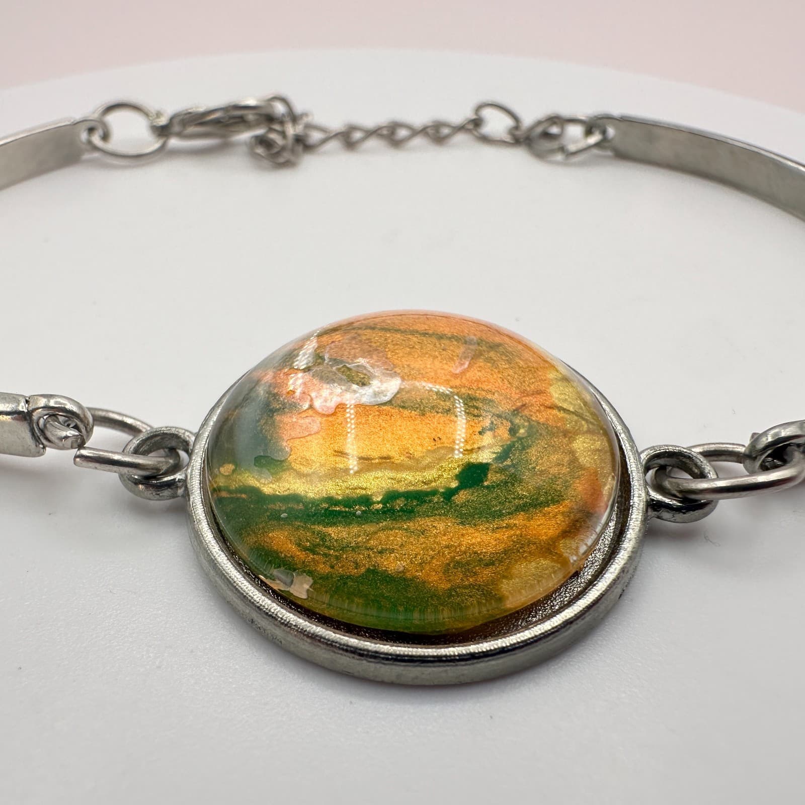 Vintage 90s SilverTone Glass Cabochon Bangle Bracelets Set Retro Fashion Jewelry - Thumbnail 4
