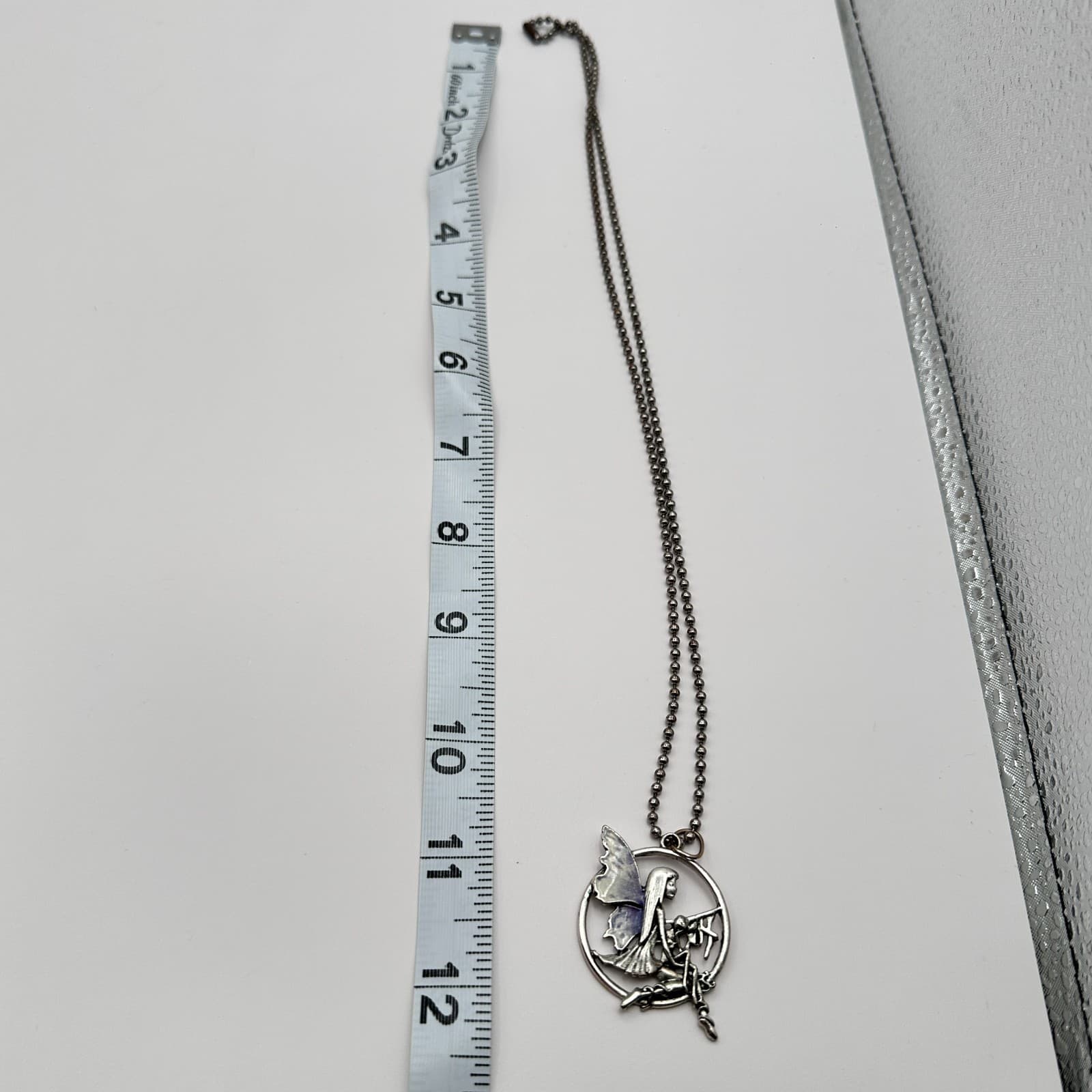 Vintage 90s Silver Tone Enamel Fairy Pendant Necklace Ball Chain Boho Jewelry - Thumbnail 9