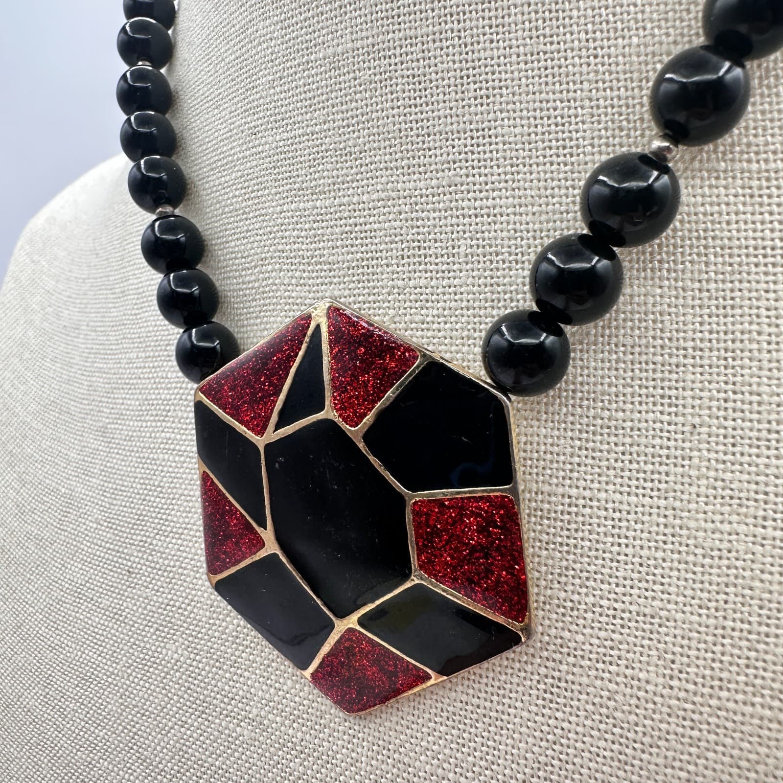 Vintage 80s Hexagon Statement Necklace Black Red Glitter Enamel Fashion Jewelry - Thumbnail 6