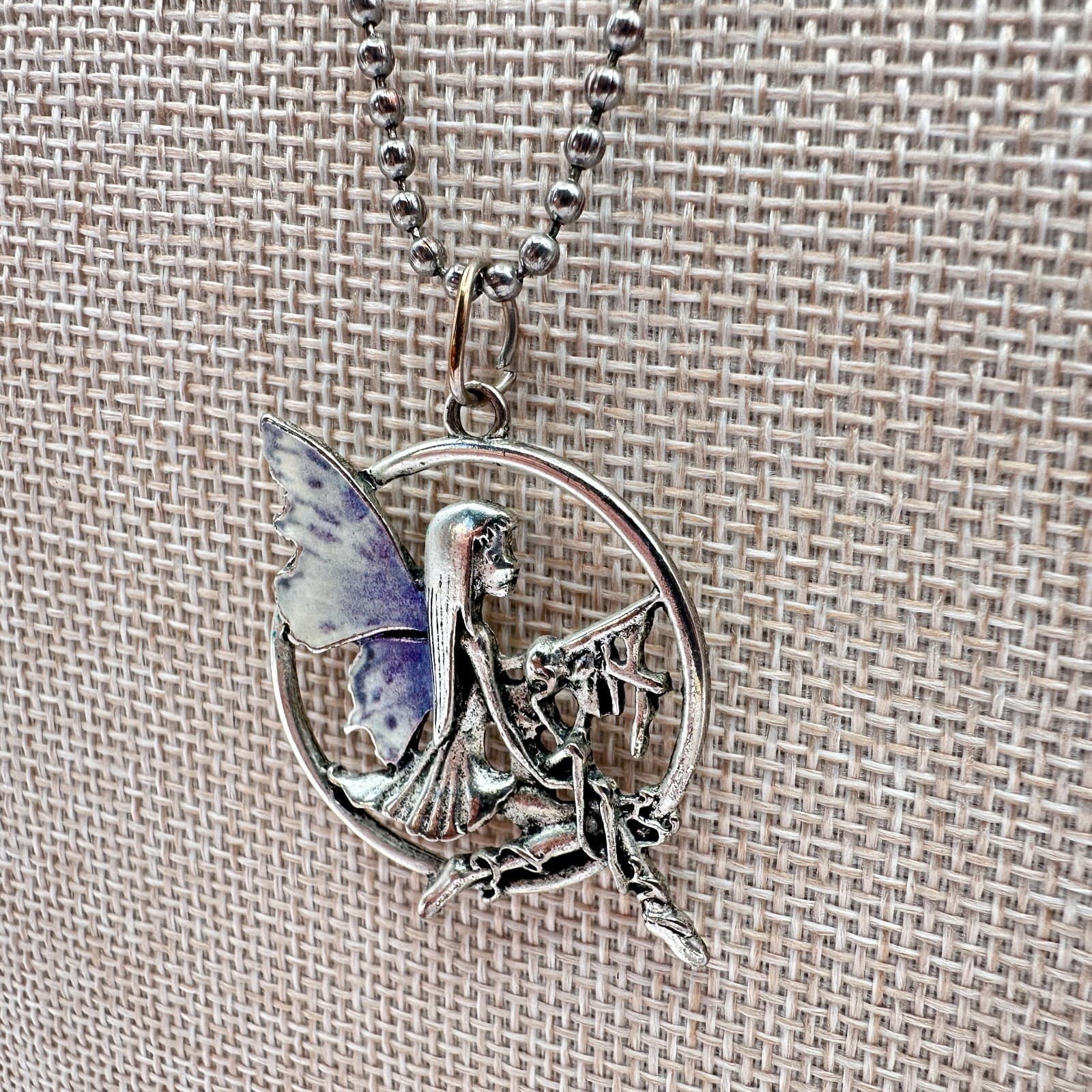 Vintage 90s Silver Tone Enamel Fairy Pendant Necklace Ball Chain Boho Jewelry - Thumbnail 6