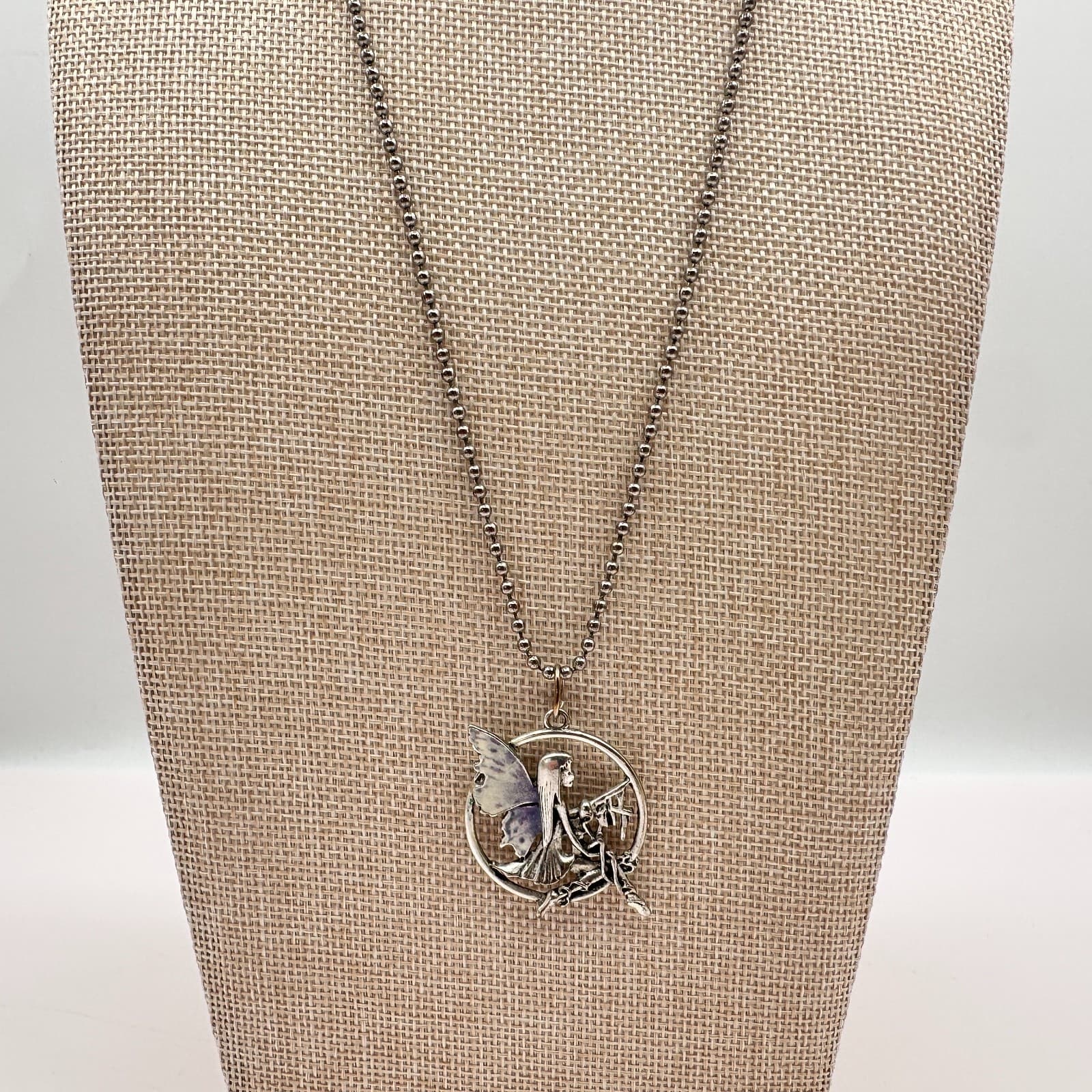Vintage 90s Silver Tone Enamel Fairy Pendant Necklace Ball Chain Boho Jewelry - Thumbnail 4