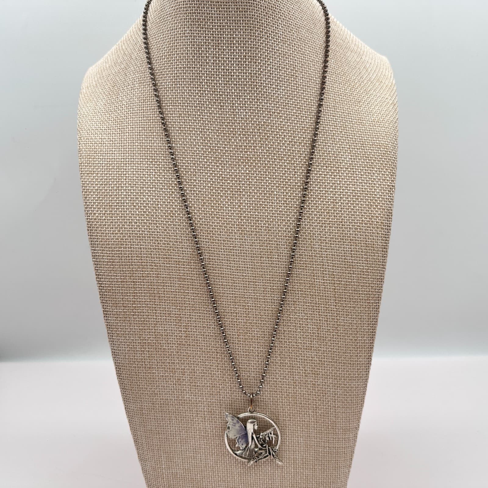 Vintage 90s Silver Tone Enamel Fairy Pendant Necklace Ball Chain Boho Jewelry - Thumbnail 7