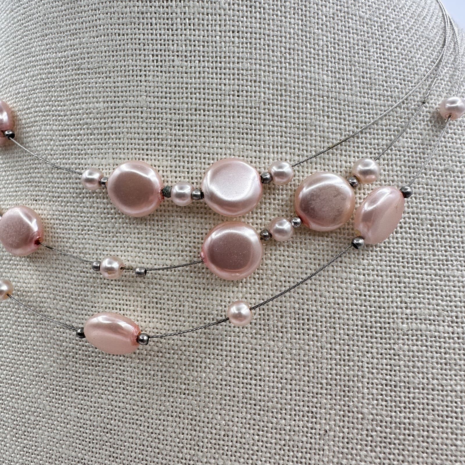 Vintage Y2K Floating Pink Faux Pearl Multi Strand Choker Necklace Jewelry - Thumbnail 5
