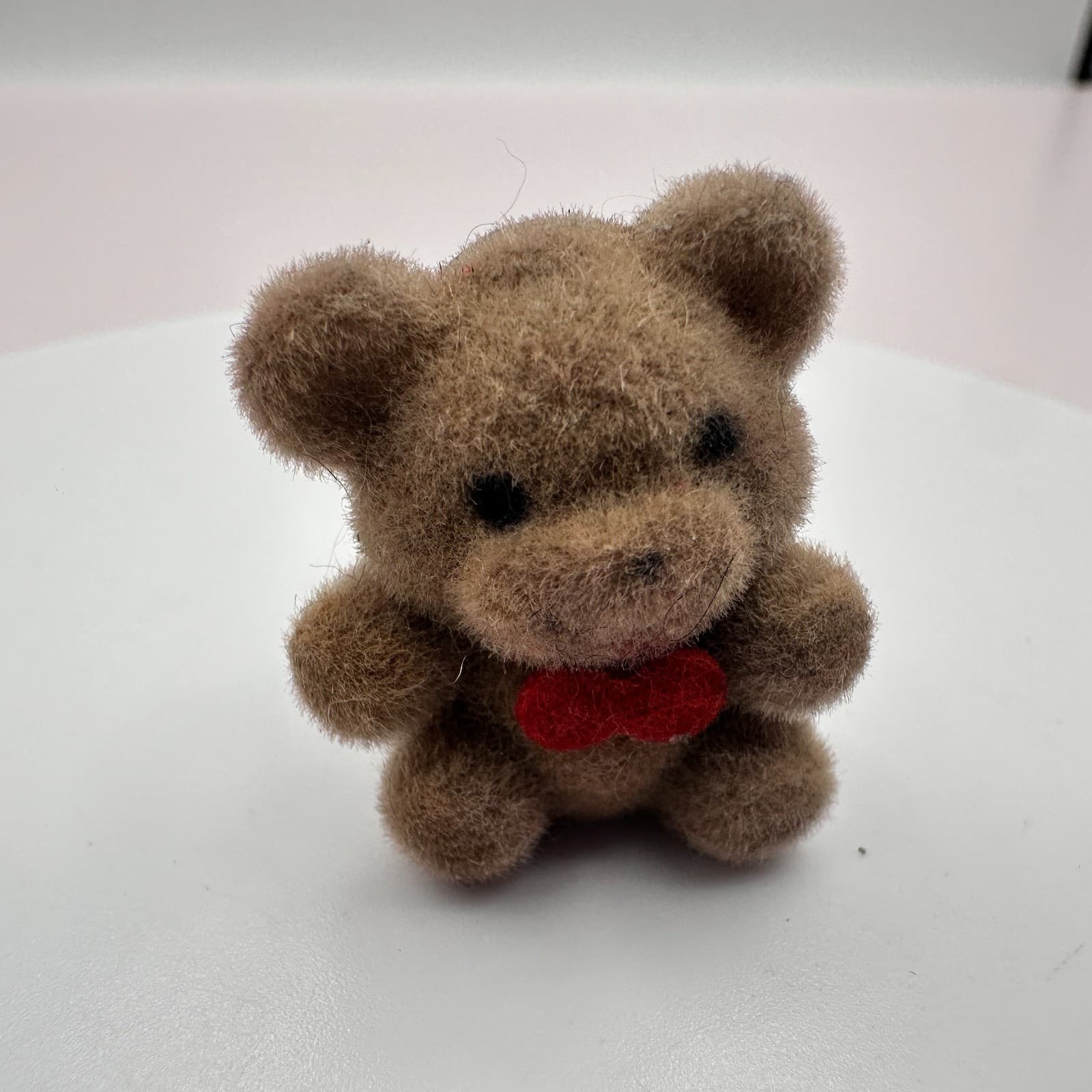 Vintage 80s Pin Brooch Bear Figurine Fuzzy Brown Teddy Bear Red Bow Tie Jewelry - Thumbnail 2