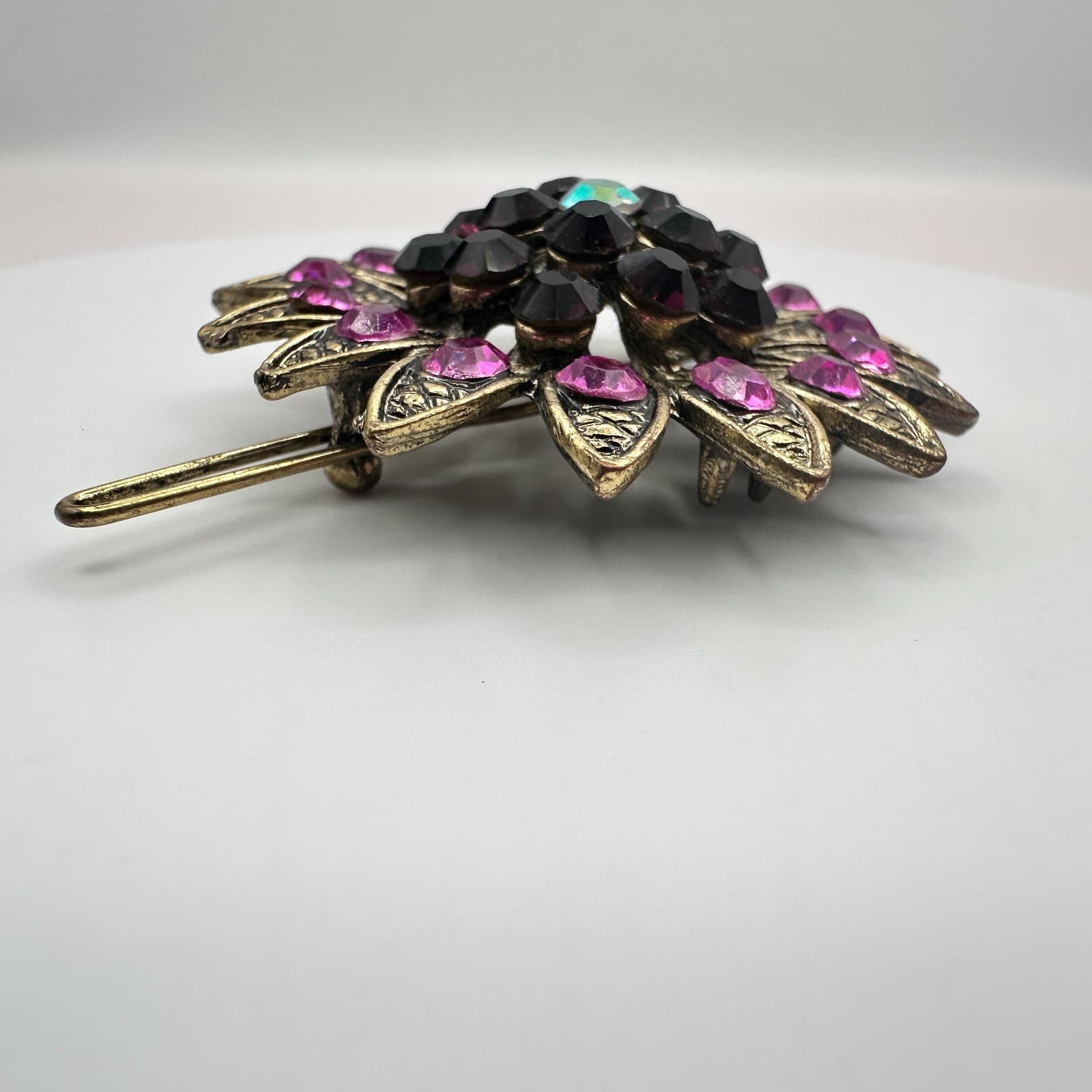 Vintage 80s Pink Rhinestone Flower Brooch Gold Tone Sunflower Pin Retro Jewelry - Thumbnail 5
