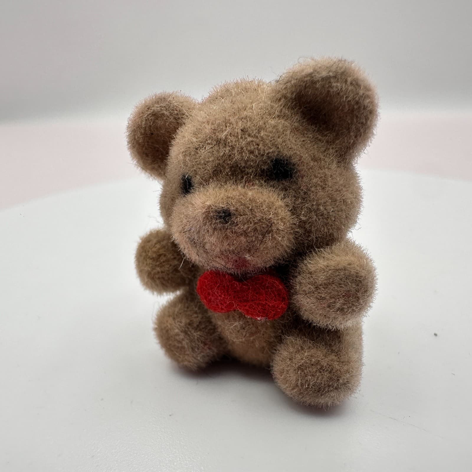 Vintage 80s Pin Brooch Bear Figurine Fuzzy Brown Teddy Bear Red Bow Tie Jewelry - Thumbnail 5