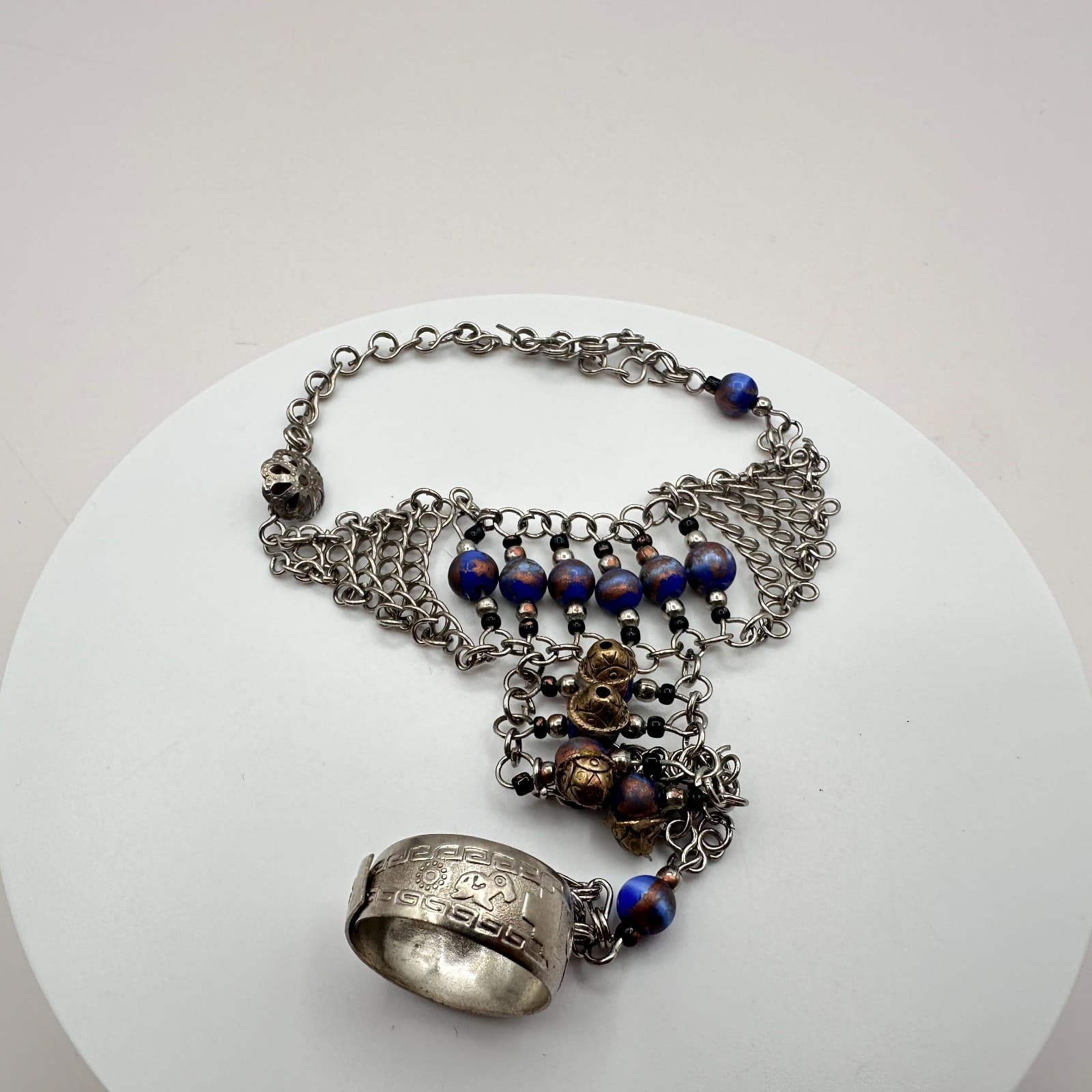 Vintage 80s Tribal Lazily Silver Tone Beaded Charm Bracelet Ethnic Retro Jewelry - Thumbnail 6