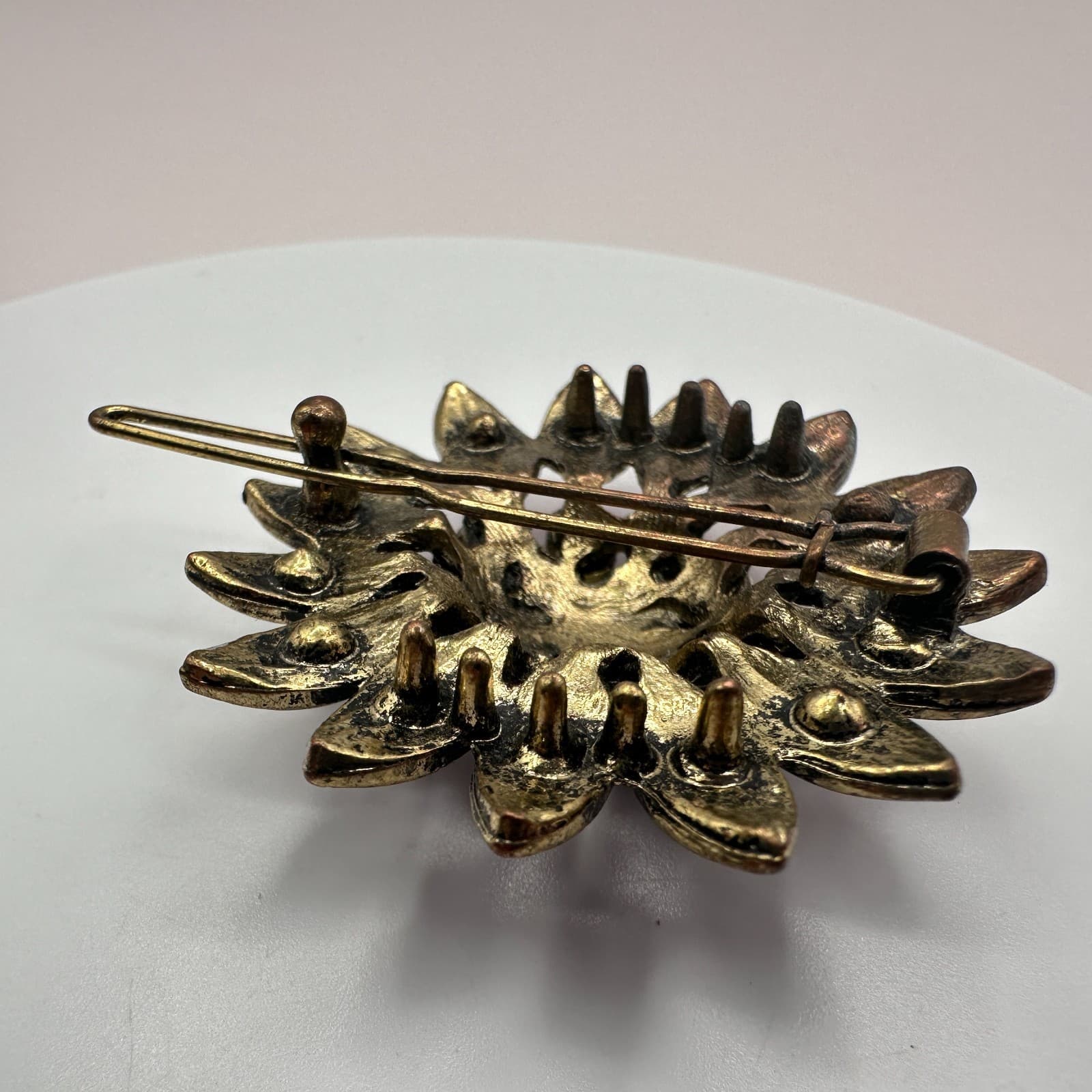 Vintage 80s Pink Rhinestone Flower Brooch Gold Tone Sunflower Pin Retro Jewelry - Thumbnail 6
