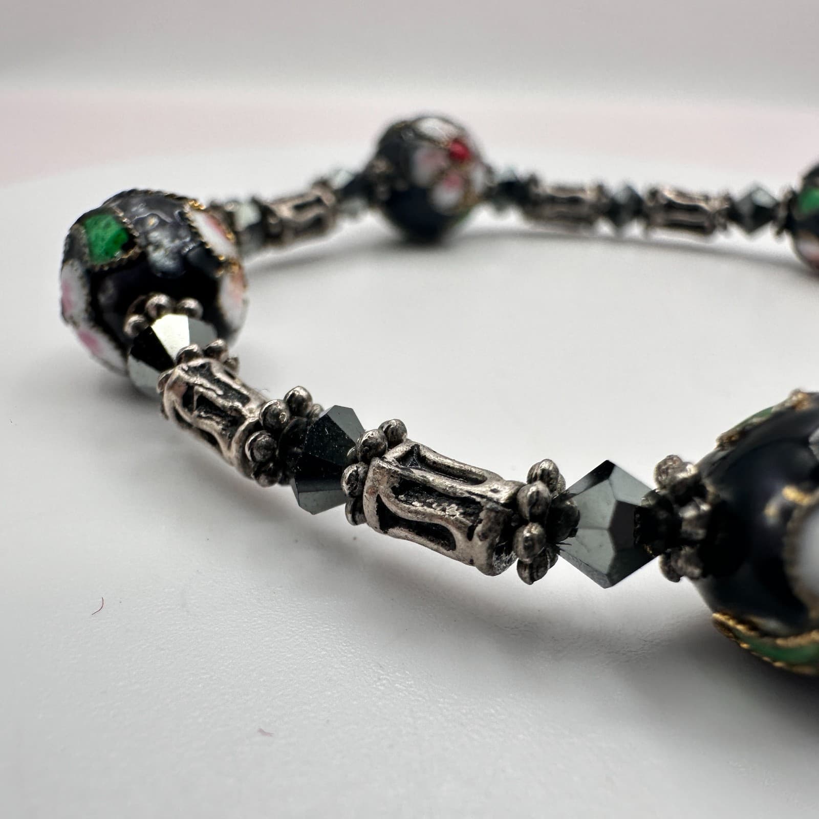 Vintage 80s Cloisonne Beaded Bracelet Black Floral Enamel Haematit Retro Jewelry - Thumbnail 4