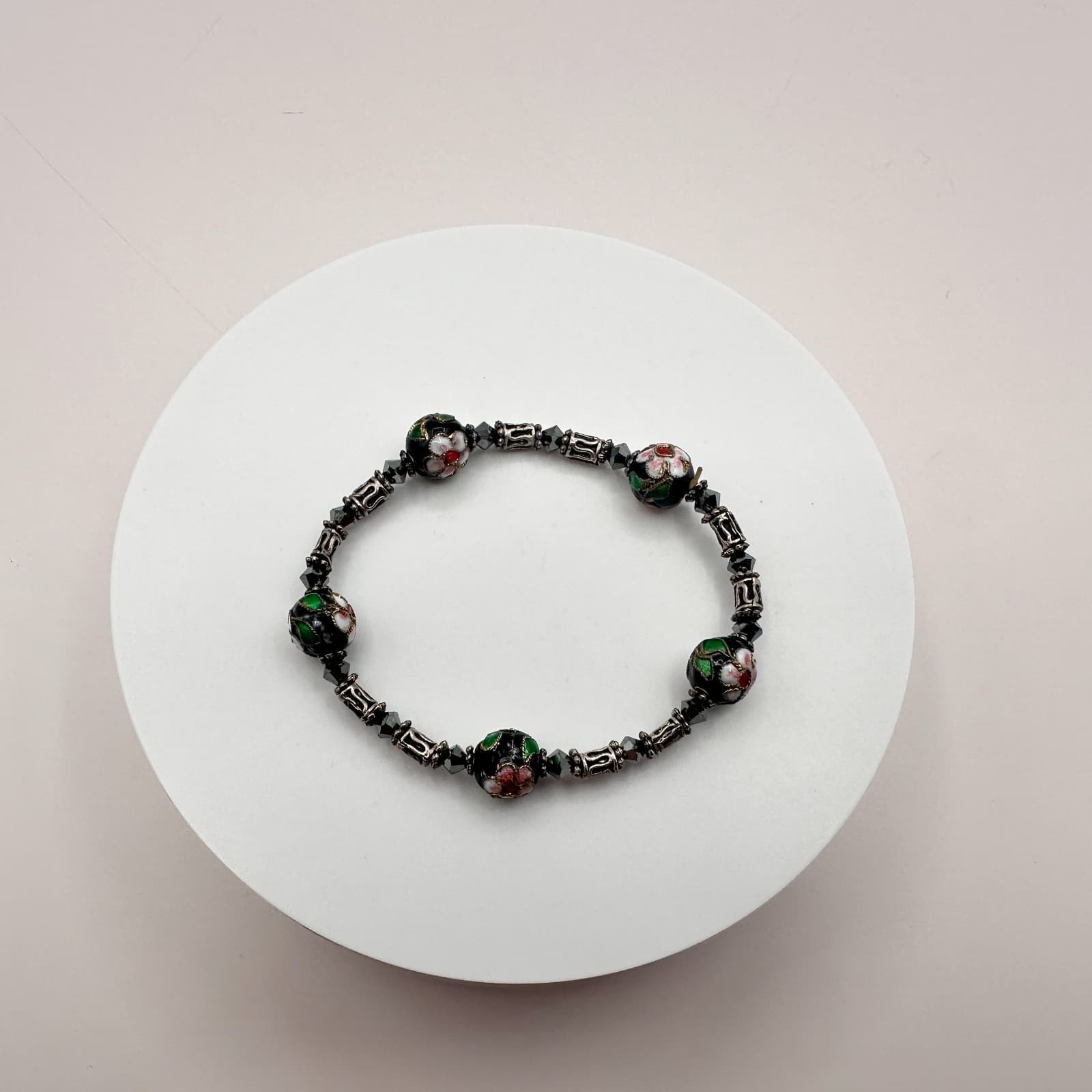 Vintage 80s Cloisonne Beaded Bracelet Black Floral Enamel Haematit Retro Jewelry - Thumbnail 7