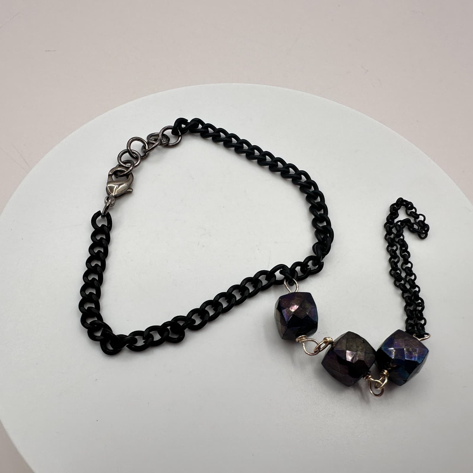 Vintage Y2K Iridescent Purple Glass Cube Black Chain Slave Bracelet Goth Jewelry - Thumbnail 2