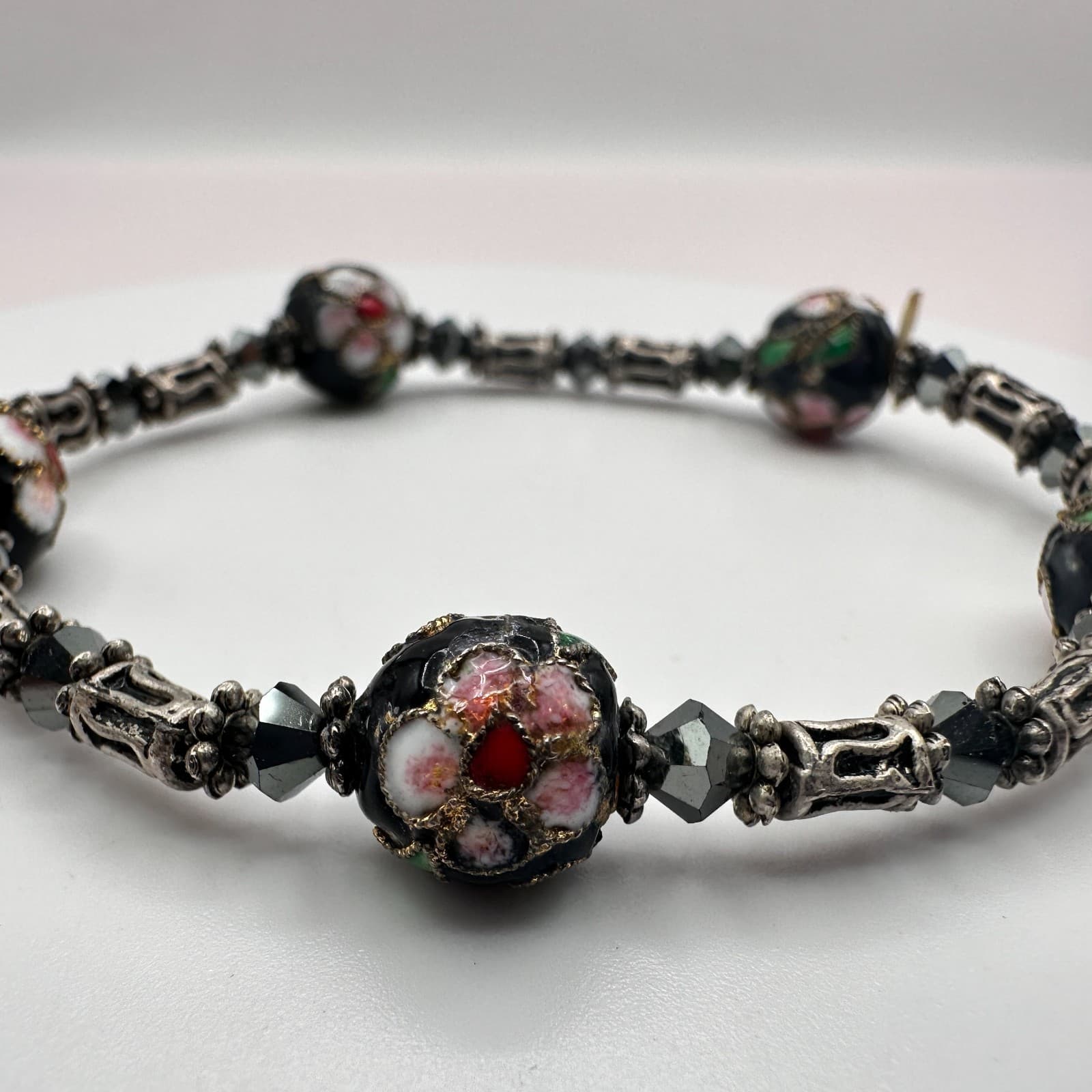 Vintage 80s Cloisonne Beaded Bracelet Black Floral Enamel Haematit Retro Jewelry - Thumbnail 5