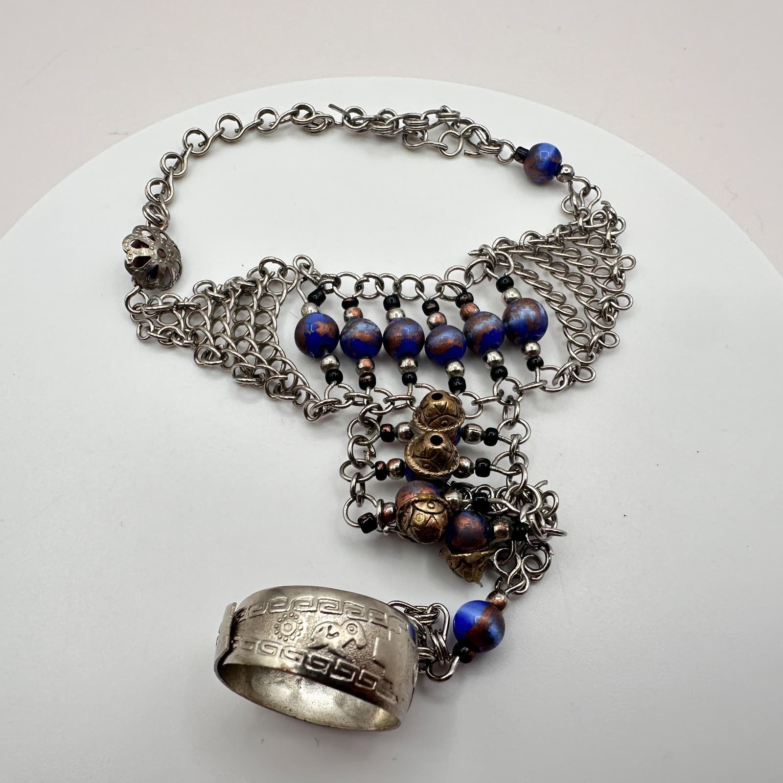 Vintage 80s Tribal Lazily Silver Tone Beaded Charm Bracelet Ethnic Retro Jewelry - Thumbnail 3