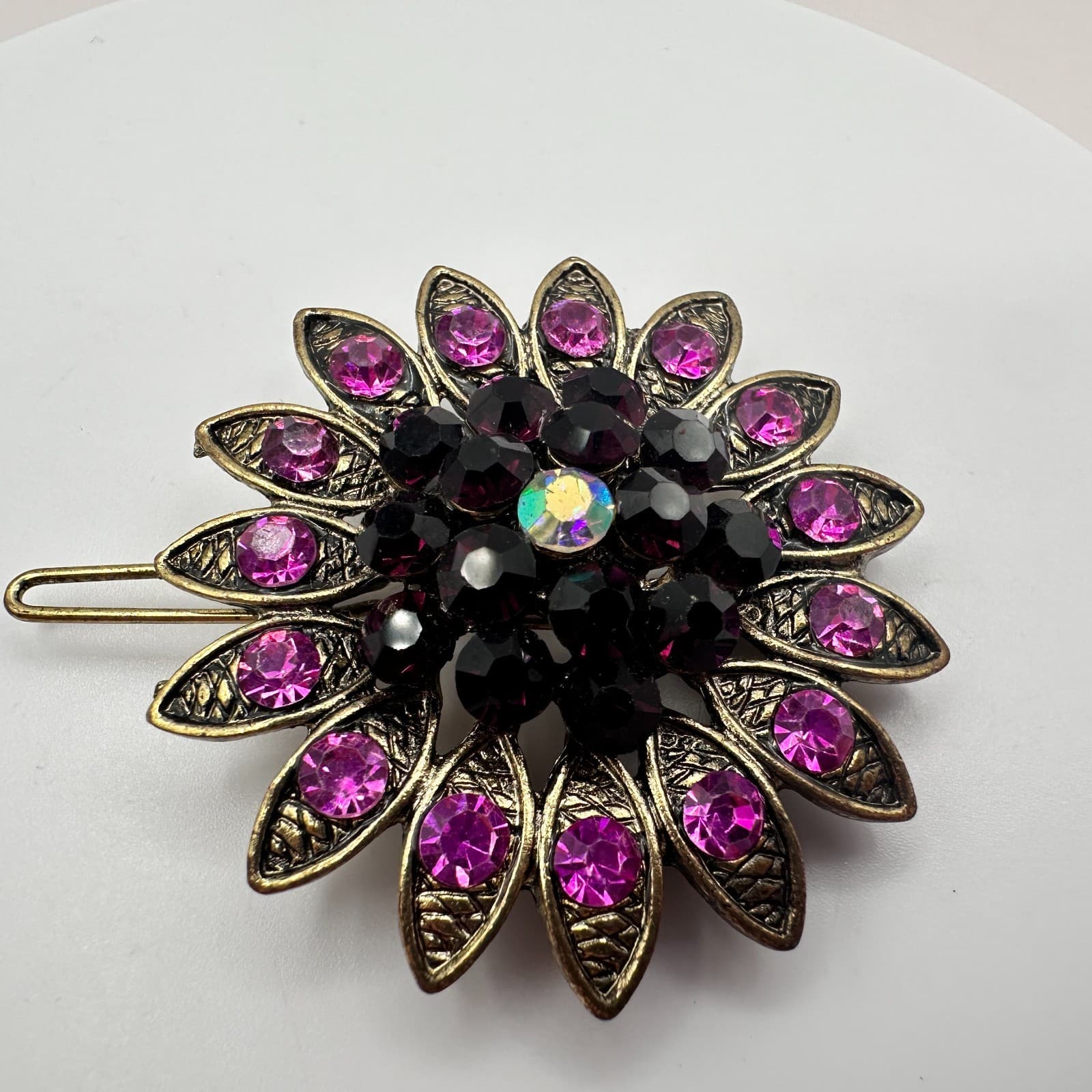 Vintage 80s Pink Rhinestone Flower Brooch Gold Tone Sunflower Pin Retro Jewelry - Thumbnail 4
