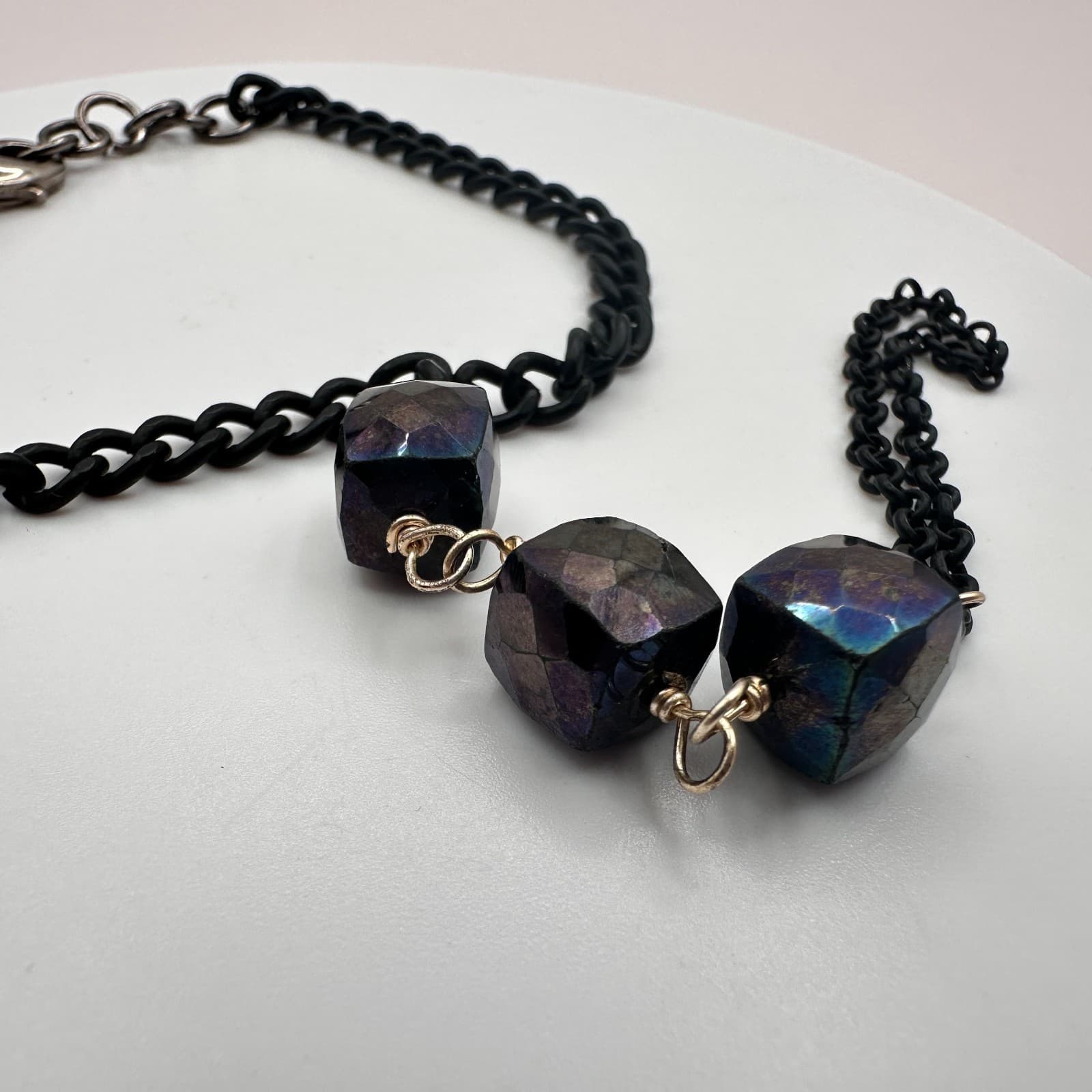 Vintage Y2K Iridescent Purple Glass Cube Black Chain Slave Bracelet Goth Jewelry - Thumbnail 6