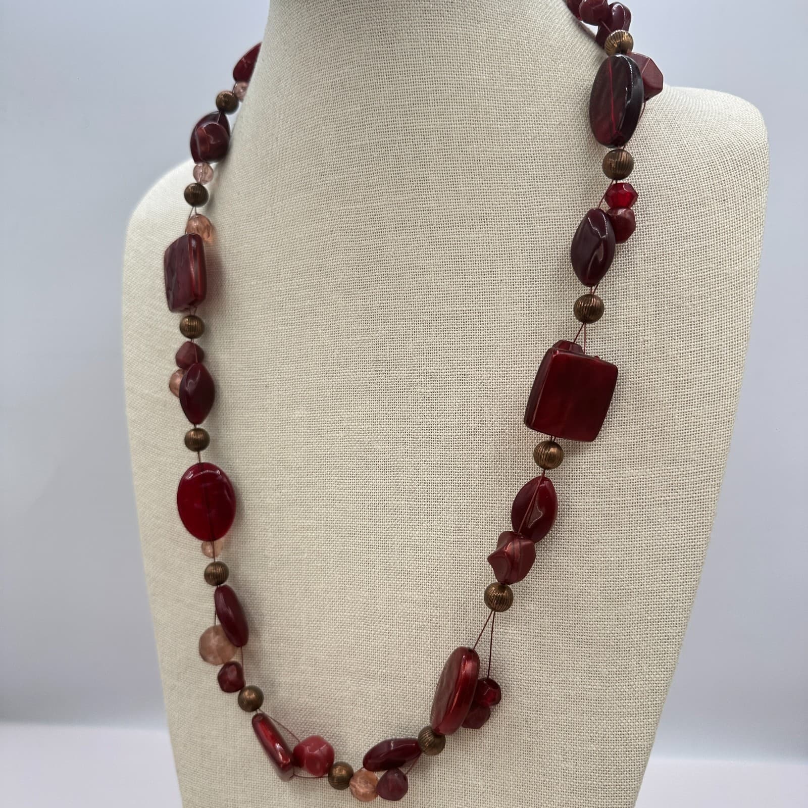 Vintage 90s Red Burgundy Beaded Necklace Boho Classic Women's Fashion Jewelry - Thumbnail 7