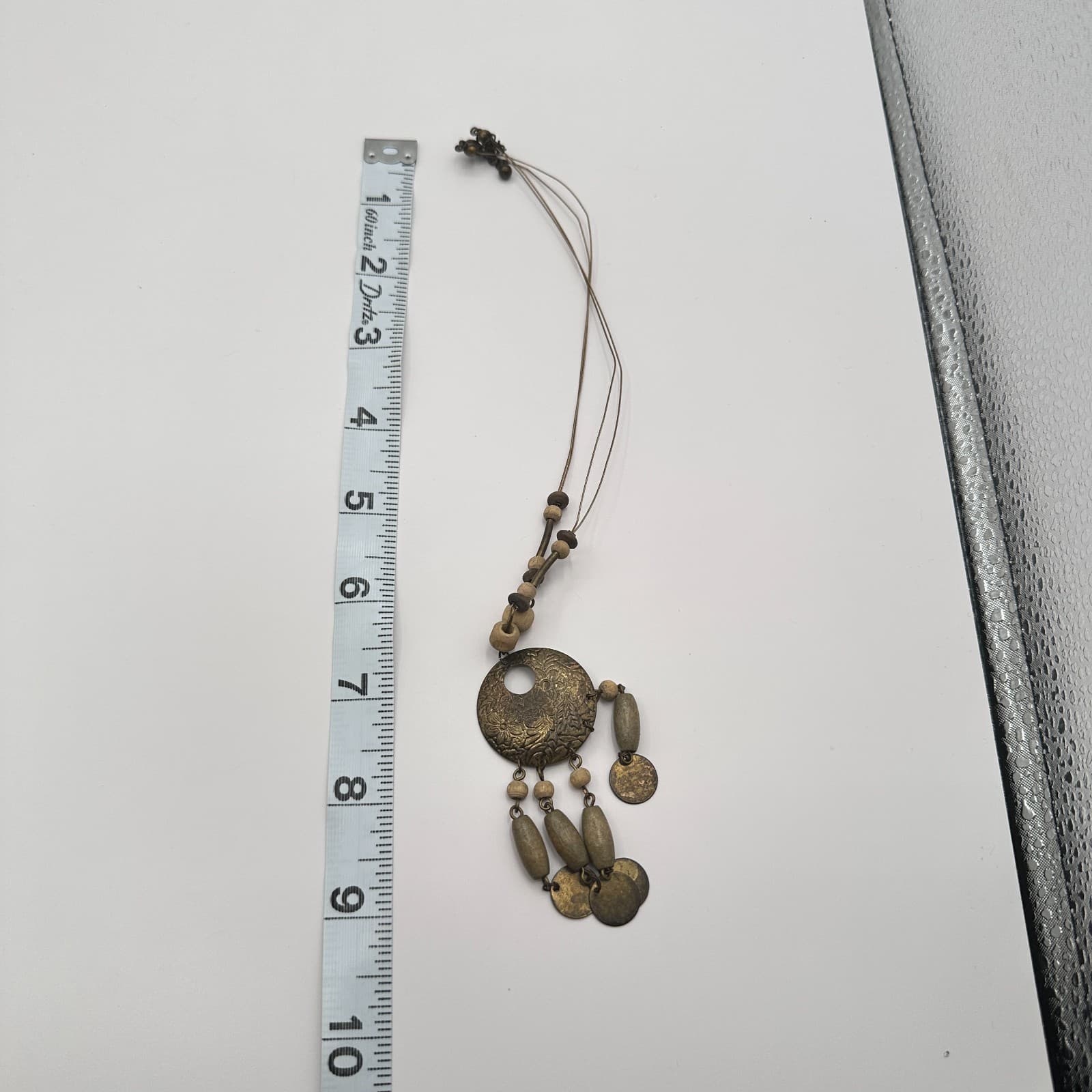 Vintage 90s Wood Bead Tassel Pendant Bronze Tone Necklace Earthy Boho Jewelry - Thumbnail 7