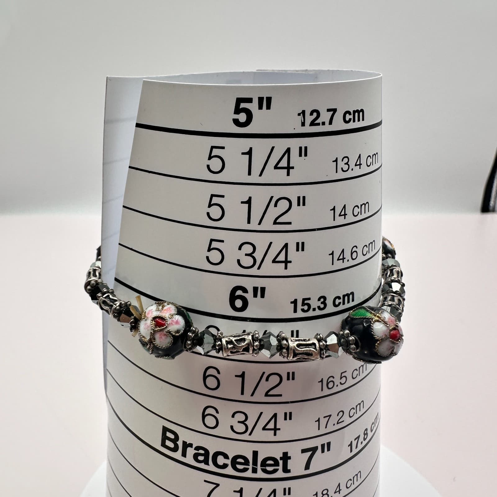 Vintage 80s Cloisonne Beaded Bracelet Black Floral Enamel Haematit Retro Jewelry - Thumbnail 8