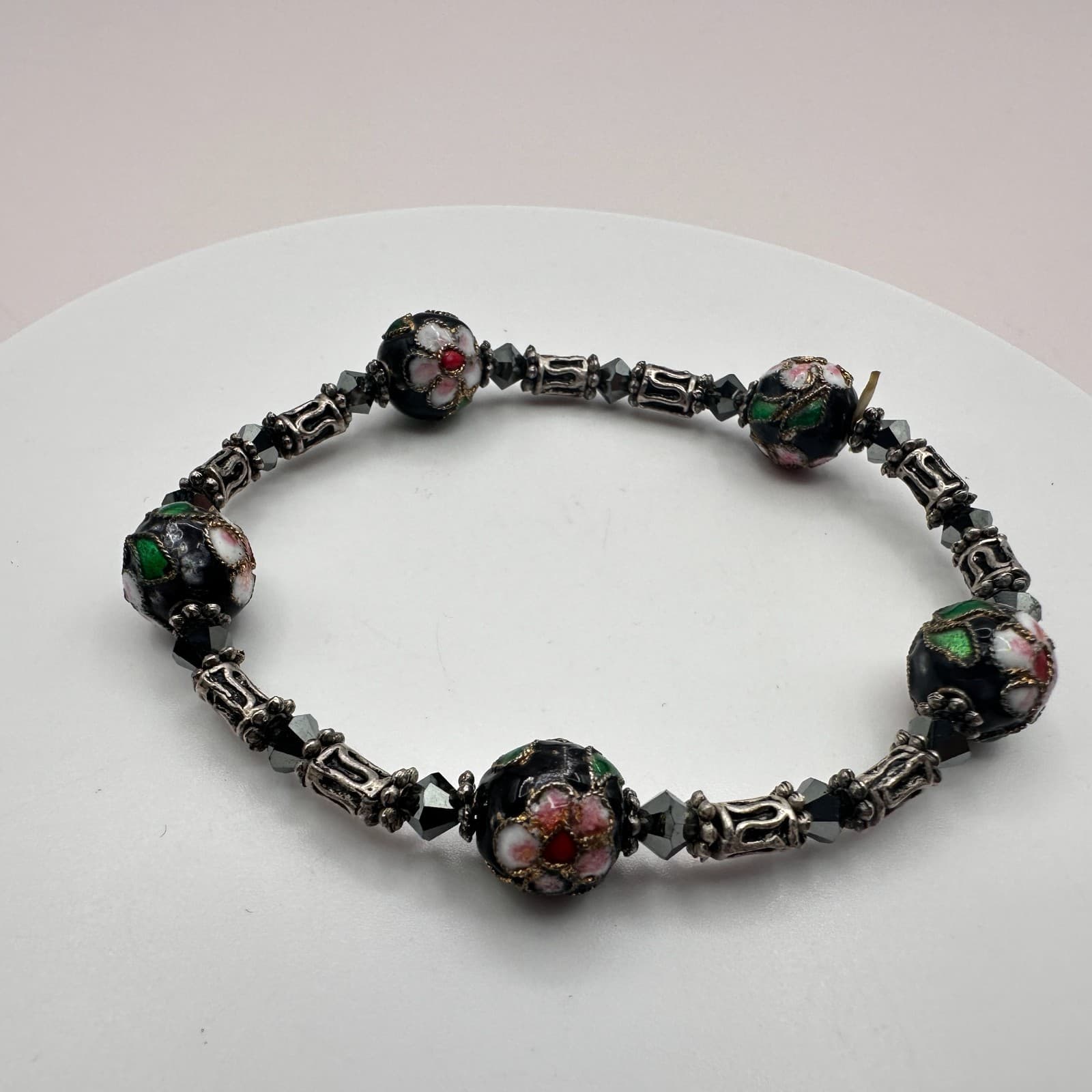 Vintage 80s Cloisonne Beaded Bracelet Black Floral Enamel Haematit Retro Jewelry - Thumbnail 2