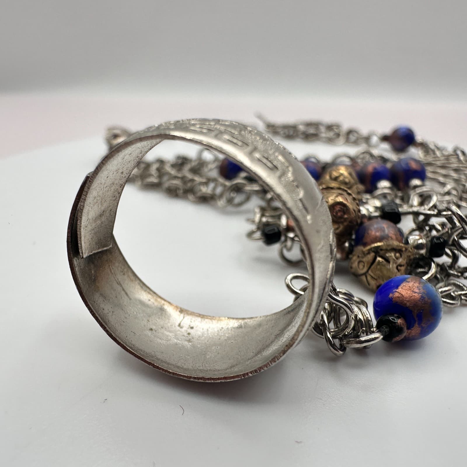 Vintage 80s Tribal Lazily Silver Tone Beaded Charm Bracelet Ethnic Retro Jewelry - Thumbnail 4