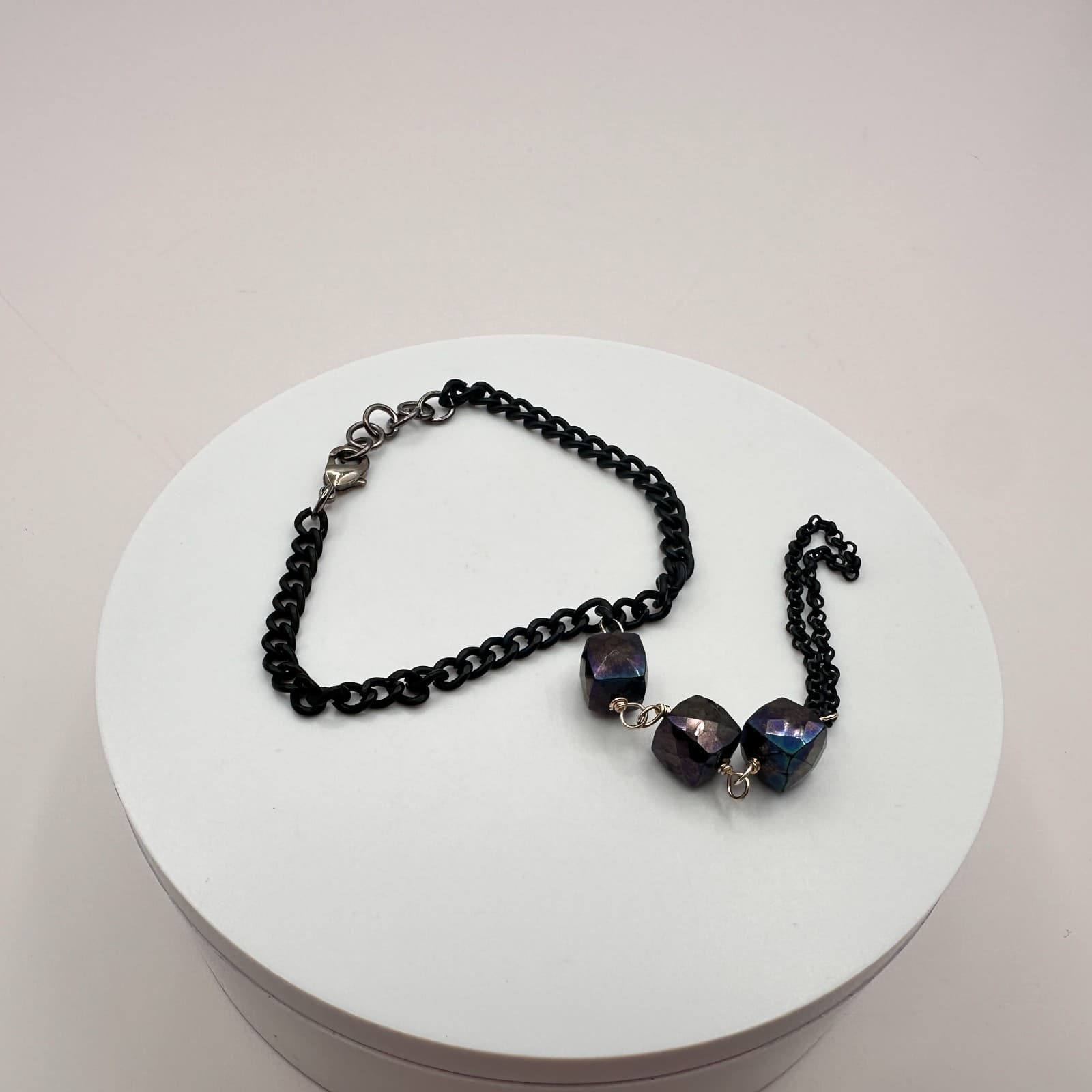 Vintage Y2K Iridescent Purple Glass Cube Black Chain Slave Bracelet Goth Jewelry - Thumbnail 5