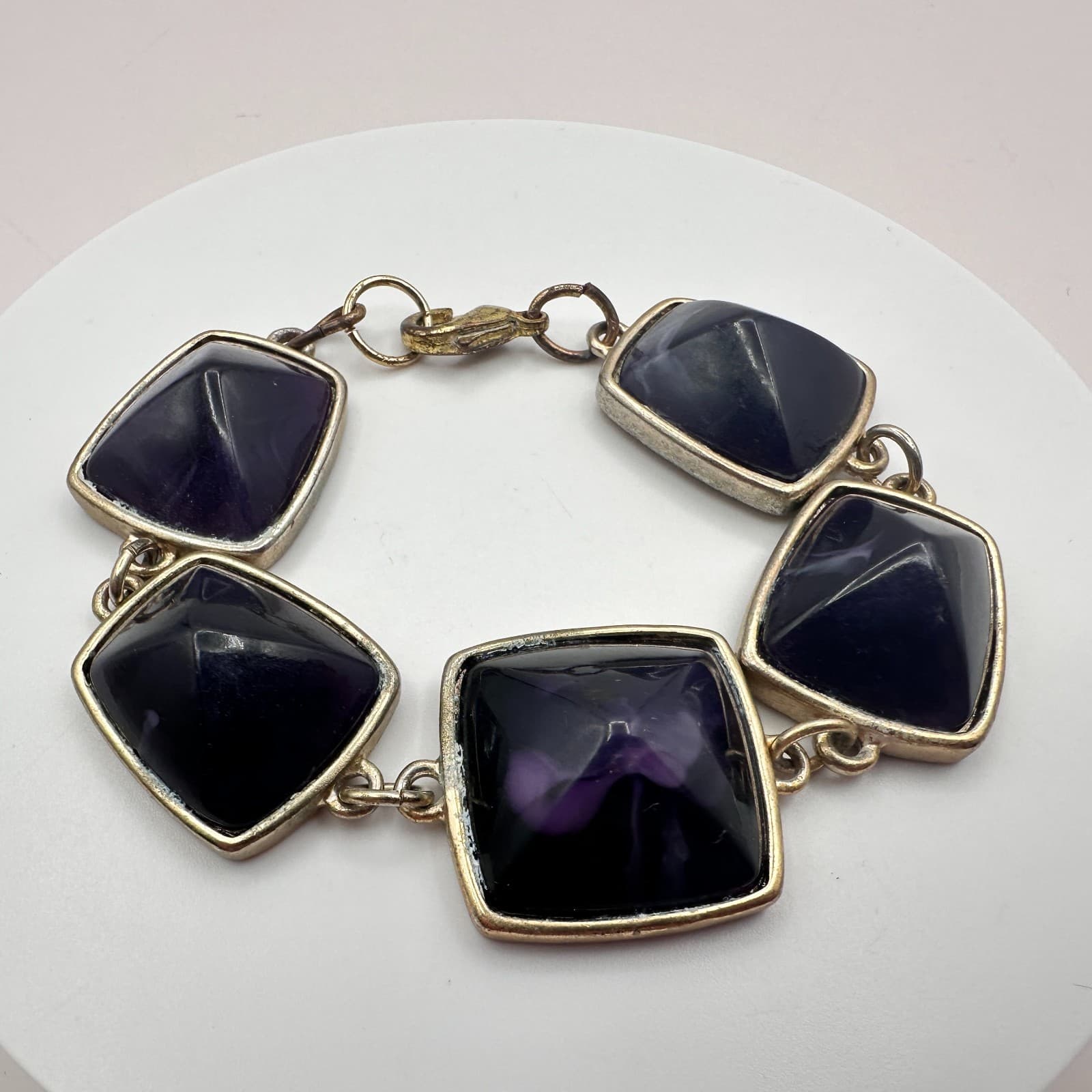 Vintage 90s Purple Glass Pyramid Bracelet Gold Tone Chunky Statement Fashion - Thumbnail 2