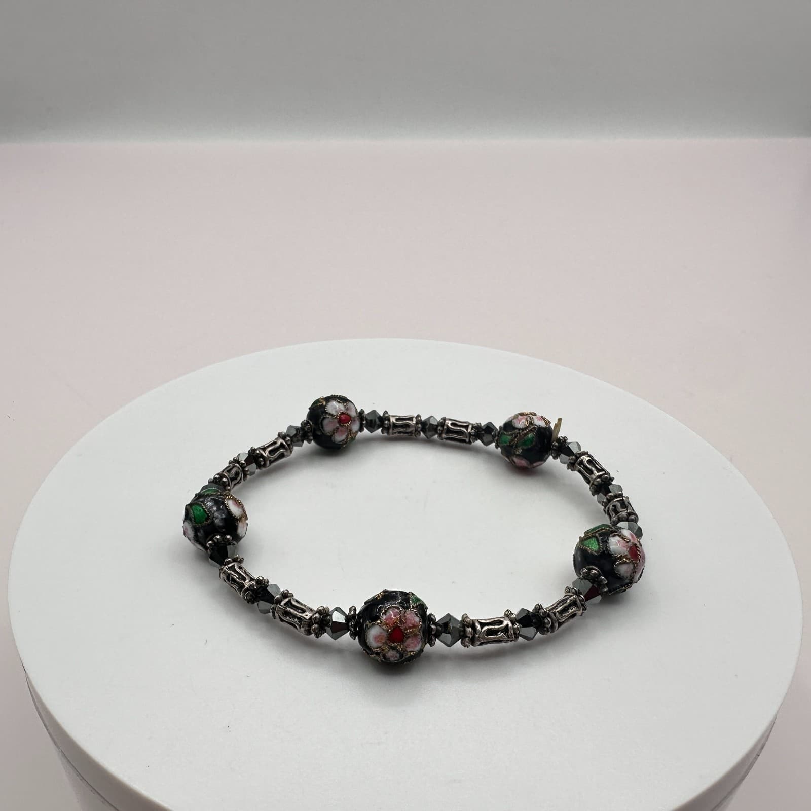 Vintage 80s Cloisonne Beaded Bracelet Black Floral Enamel Haematit Retro Jewelry - Thumbnail 6