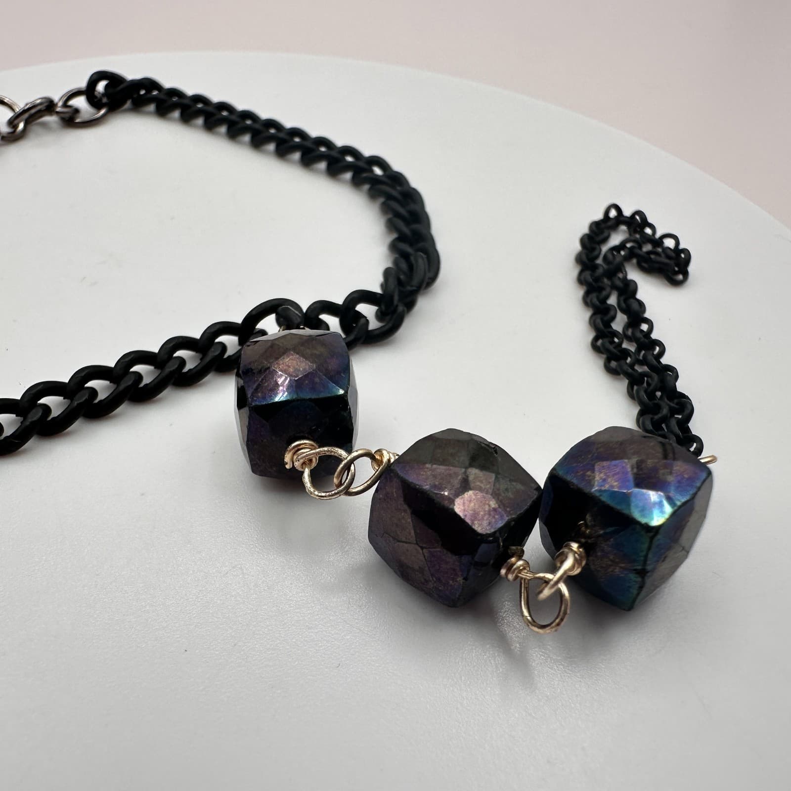 Vintage Y2K Iridescent Purple Glass Cube Black Chain Slave Bracelet Goth Jewelry - Thumbnail 3