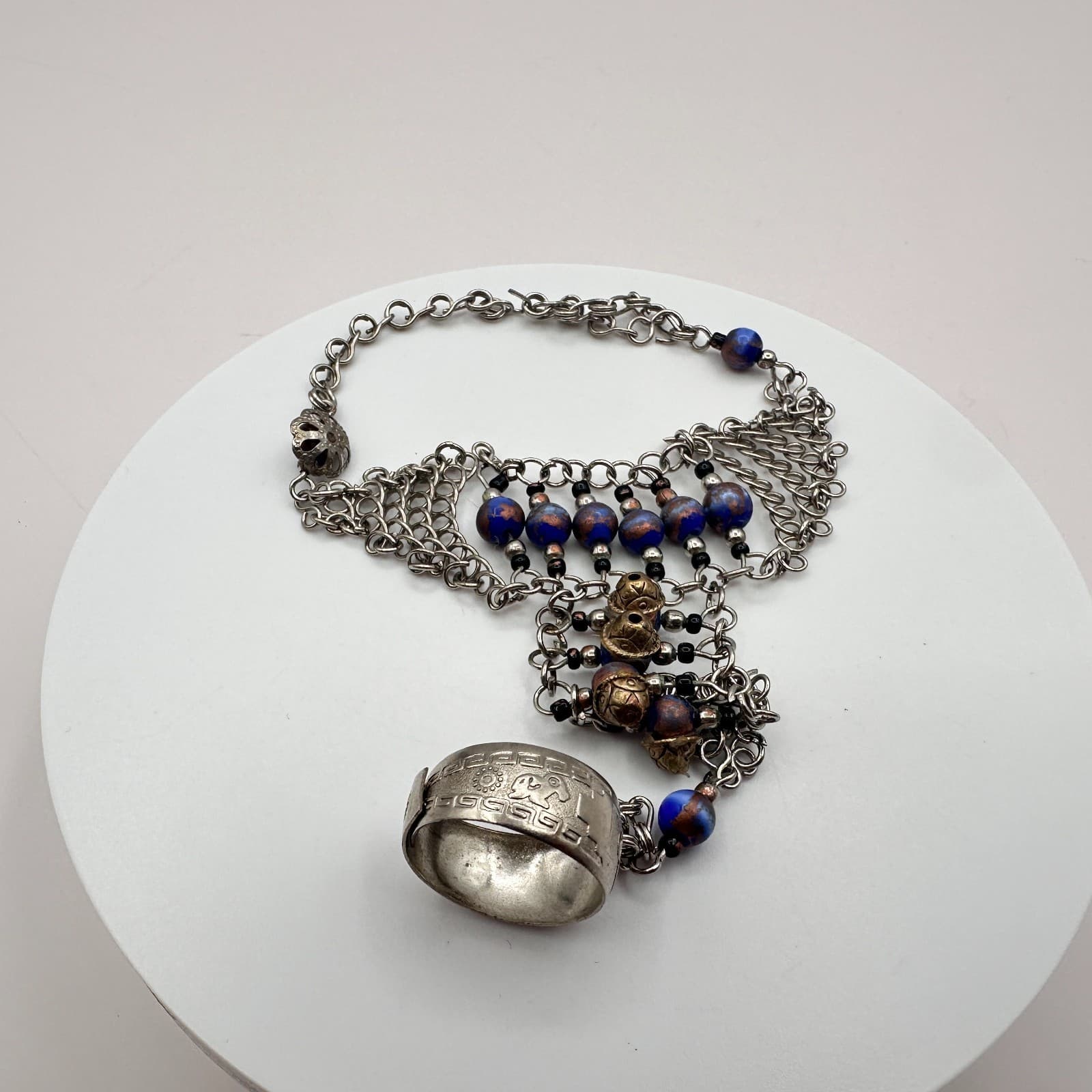 Vintage 80s Tribal Lazily Silver Tone Beaded Charm Bracelet Ethnic Retro Jewelry - Thumbnail 2