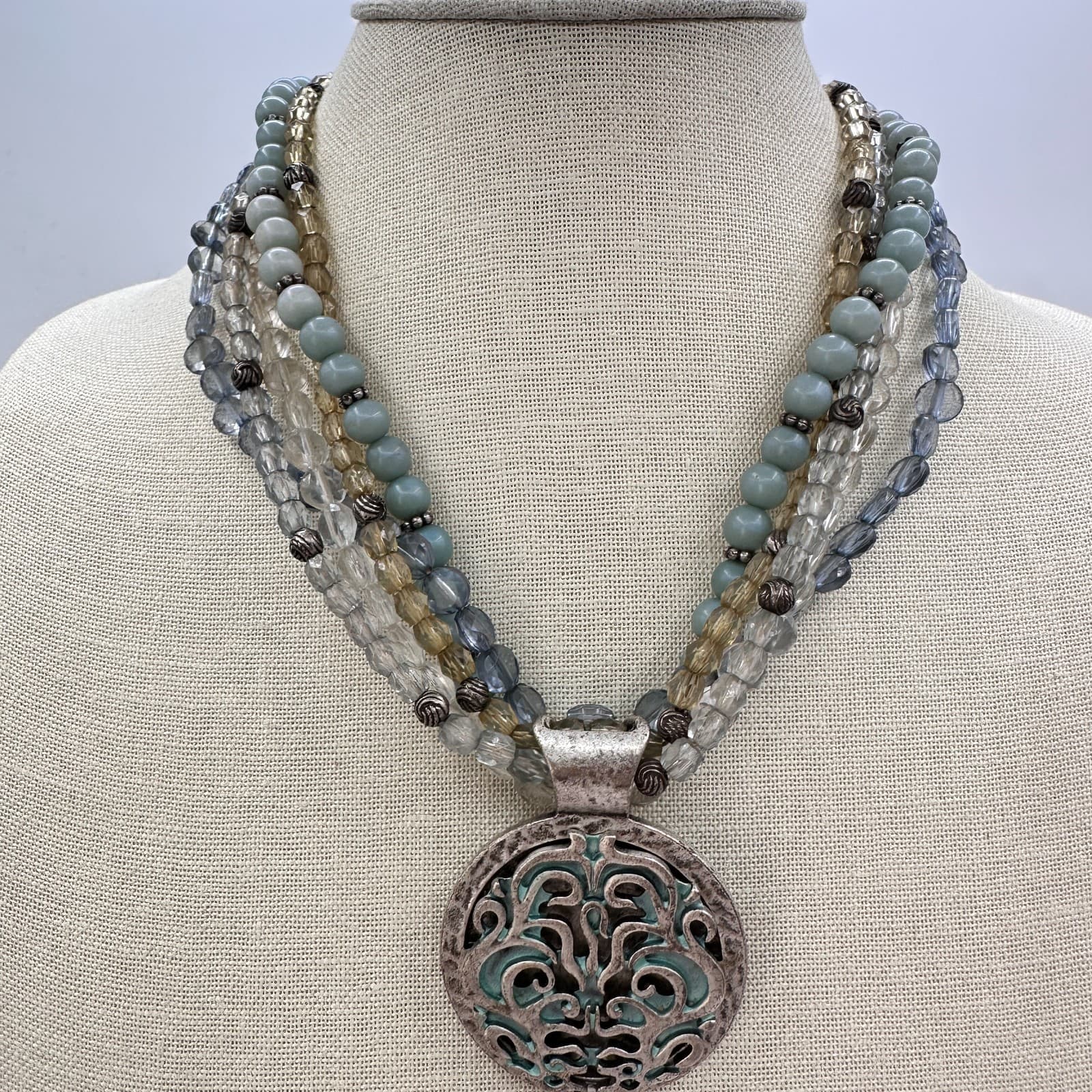 Vintage 90s Avenue Multi-Strand Glass Bead Statement Necklace Silver Tone Boho - Thumbnail 2