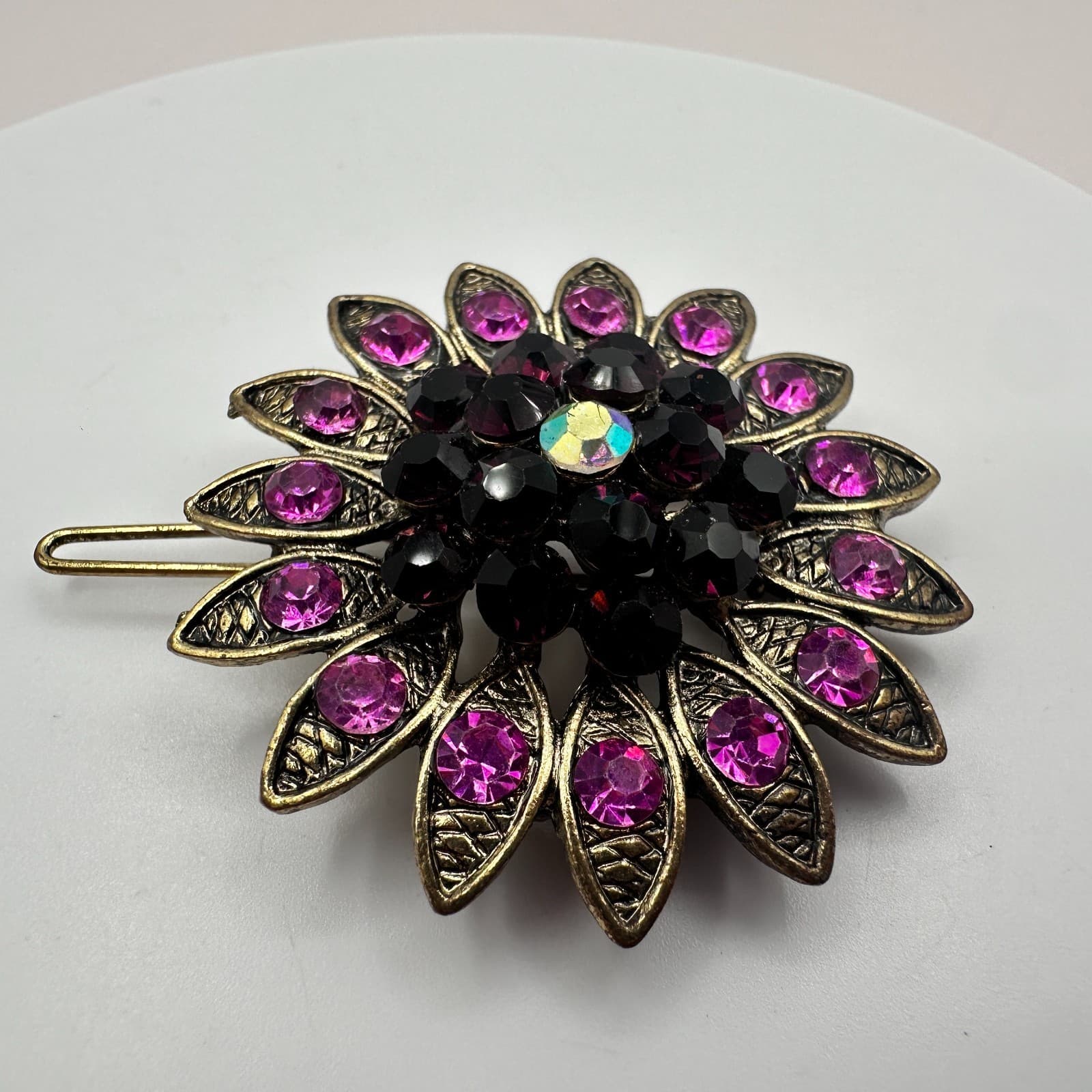 Vintage 80s Pink Rhinestone Flower Brooch Gold Tone Sunflower Pin Retro Jewelry - Thumbnail 3