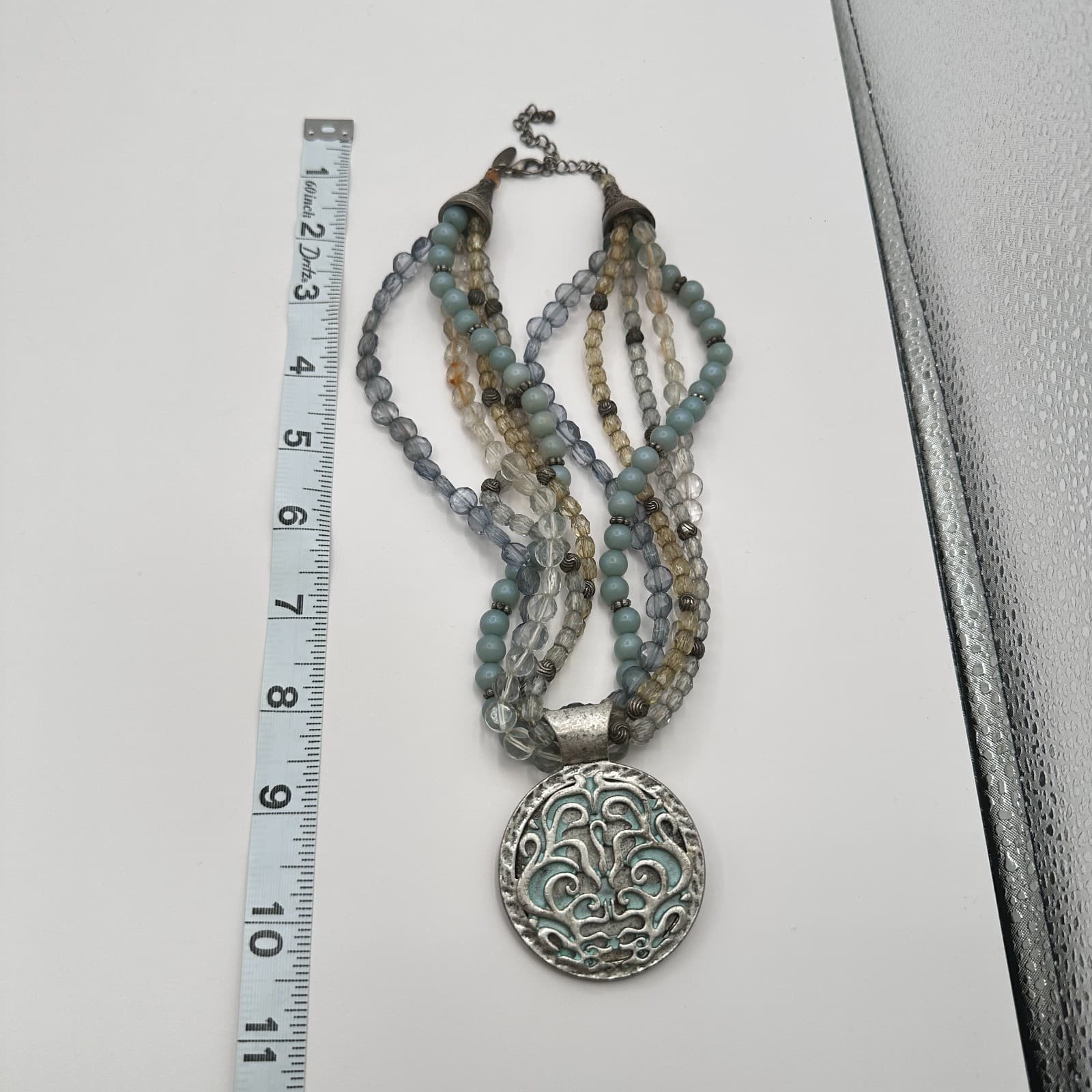 Vintage 90s Avenue Multi-Strand Glass Bead Statement Necklace Silver Tone Boho - Thumbnail 10